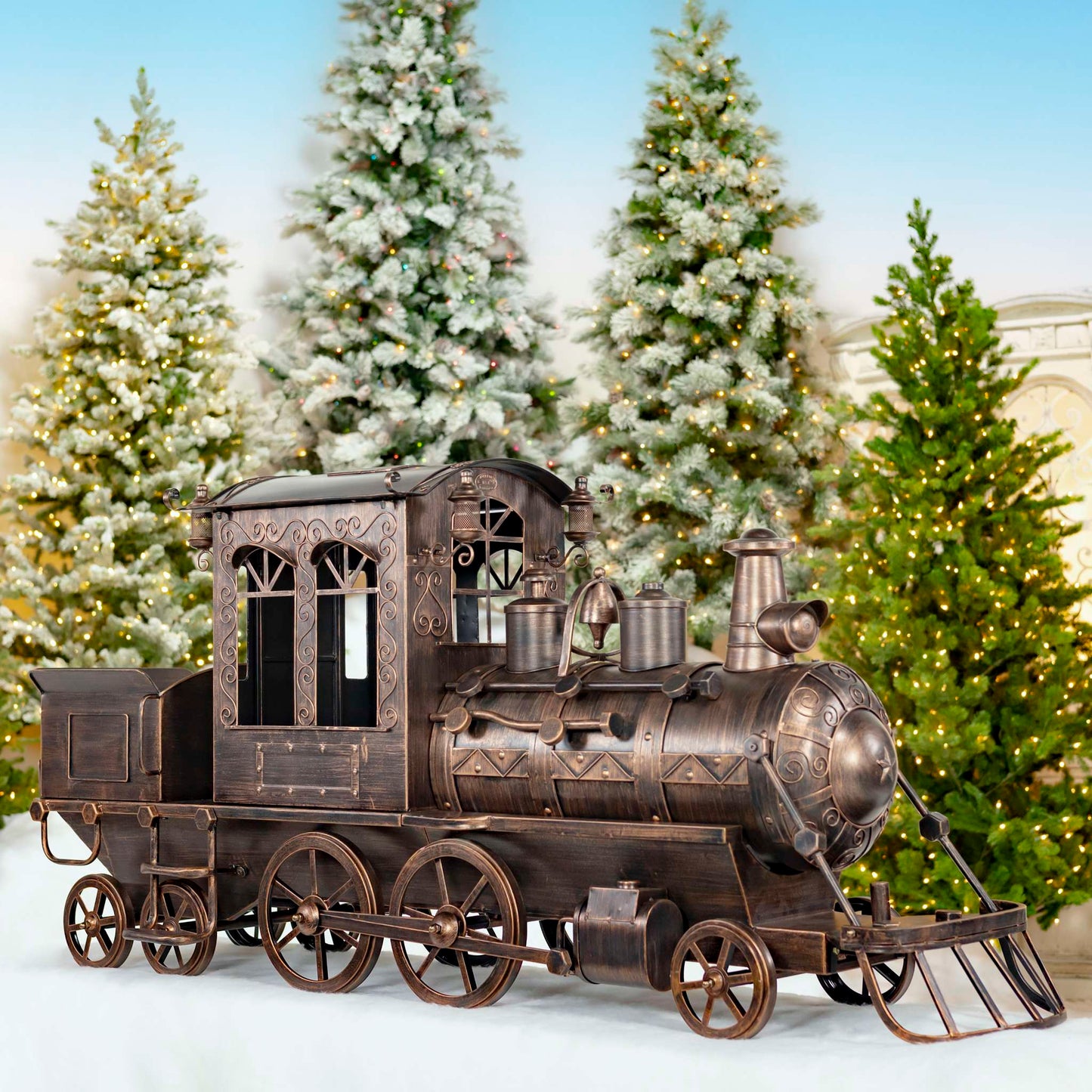 Christmas 5.85 ft. Long Medium Antique Bronze Iron Train with Cart & Lanterns "Blessed Bullet"