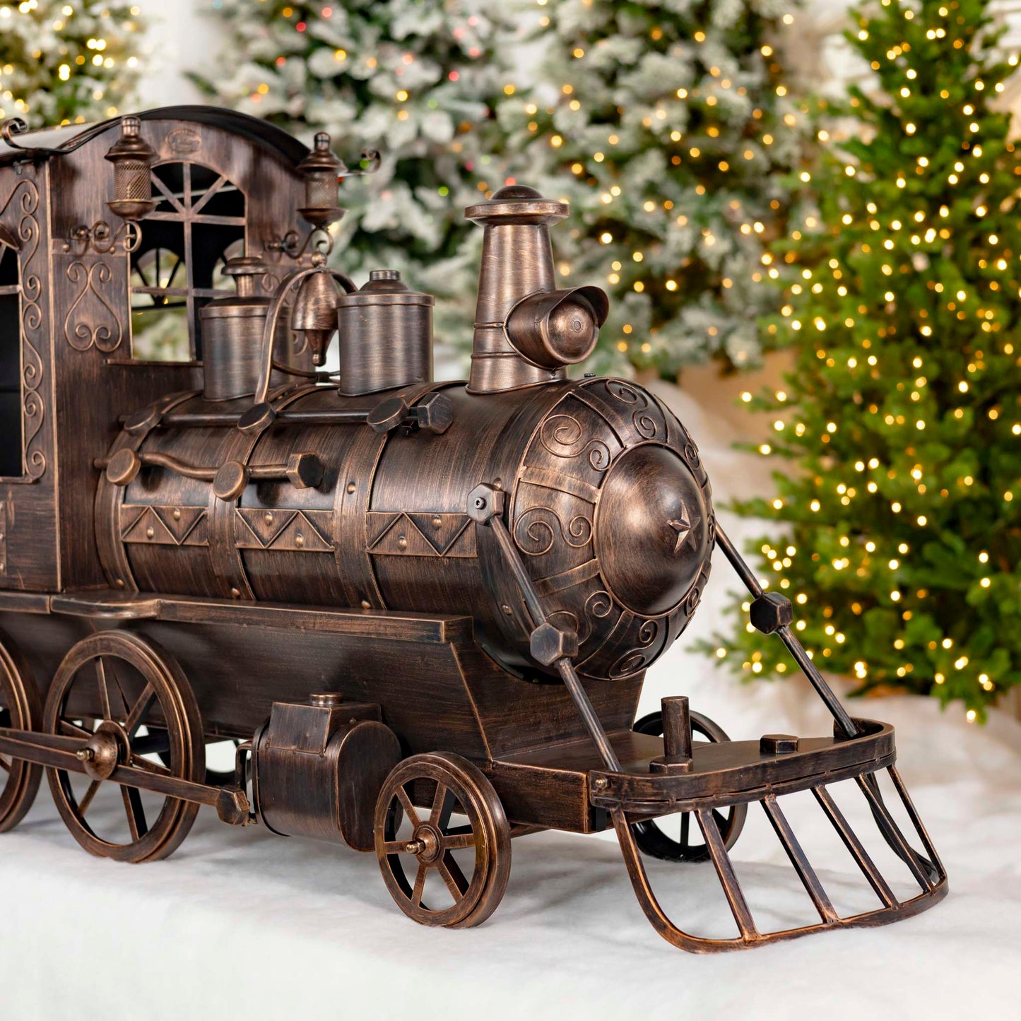 Christmas 5.85 ft. Long Medium Antique Bronze Iron Train with Cart & Lanterns "Blessed Bullet"