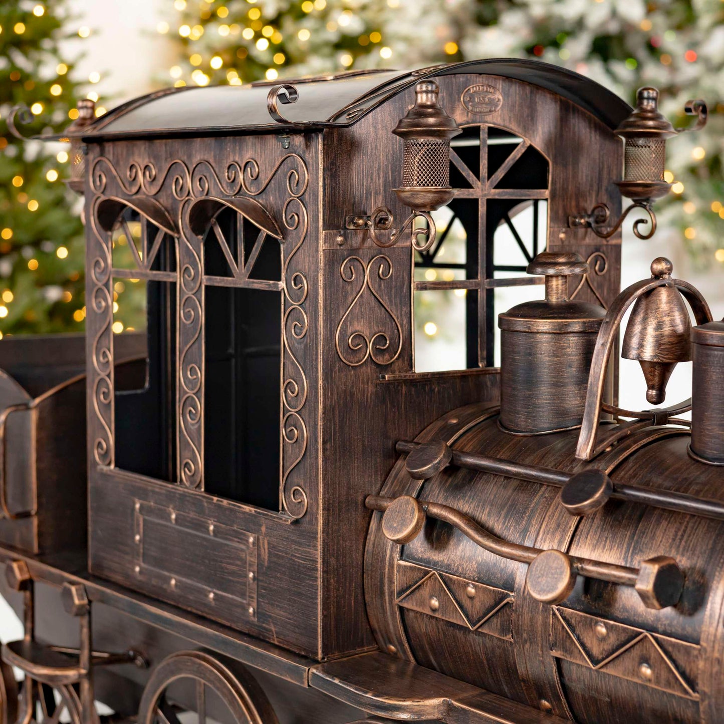 Christmas 5.85 ft. Long Medium Antique Bronze Iron Train with Cart & Lanterns "Blessed Bullet"