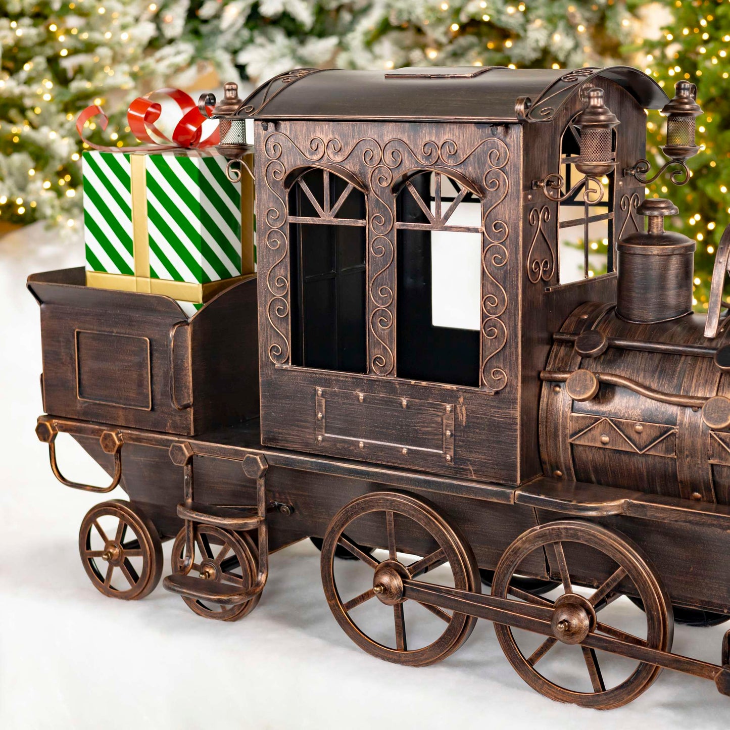 Christmas 5.85 ft. Long Medium Antique Bronze Iron Train with Cart & Lanterns "Blessed Bullet"