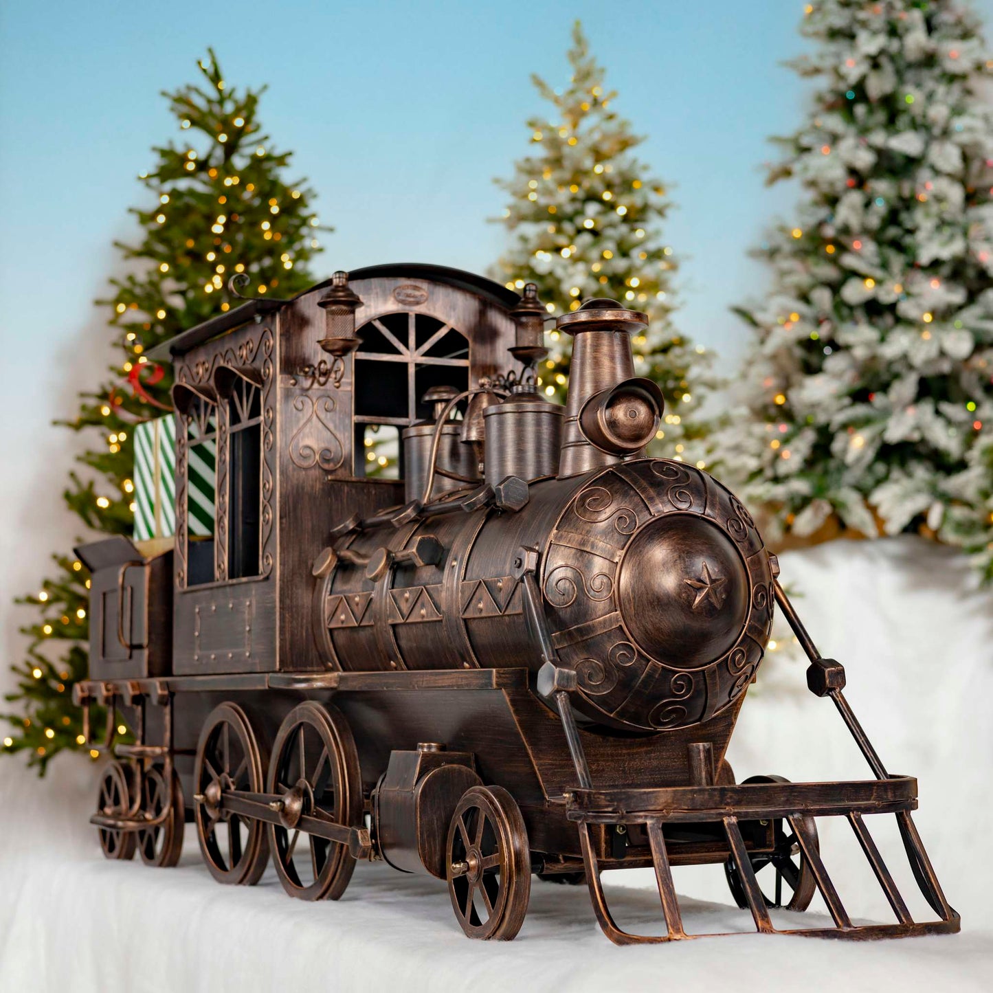 Christmas 5.85 ft. Long Medium Antique Bronze Iron Train with Cart & Lanterns "Blessed Bullet"