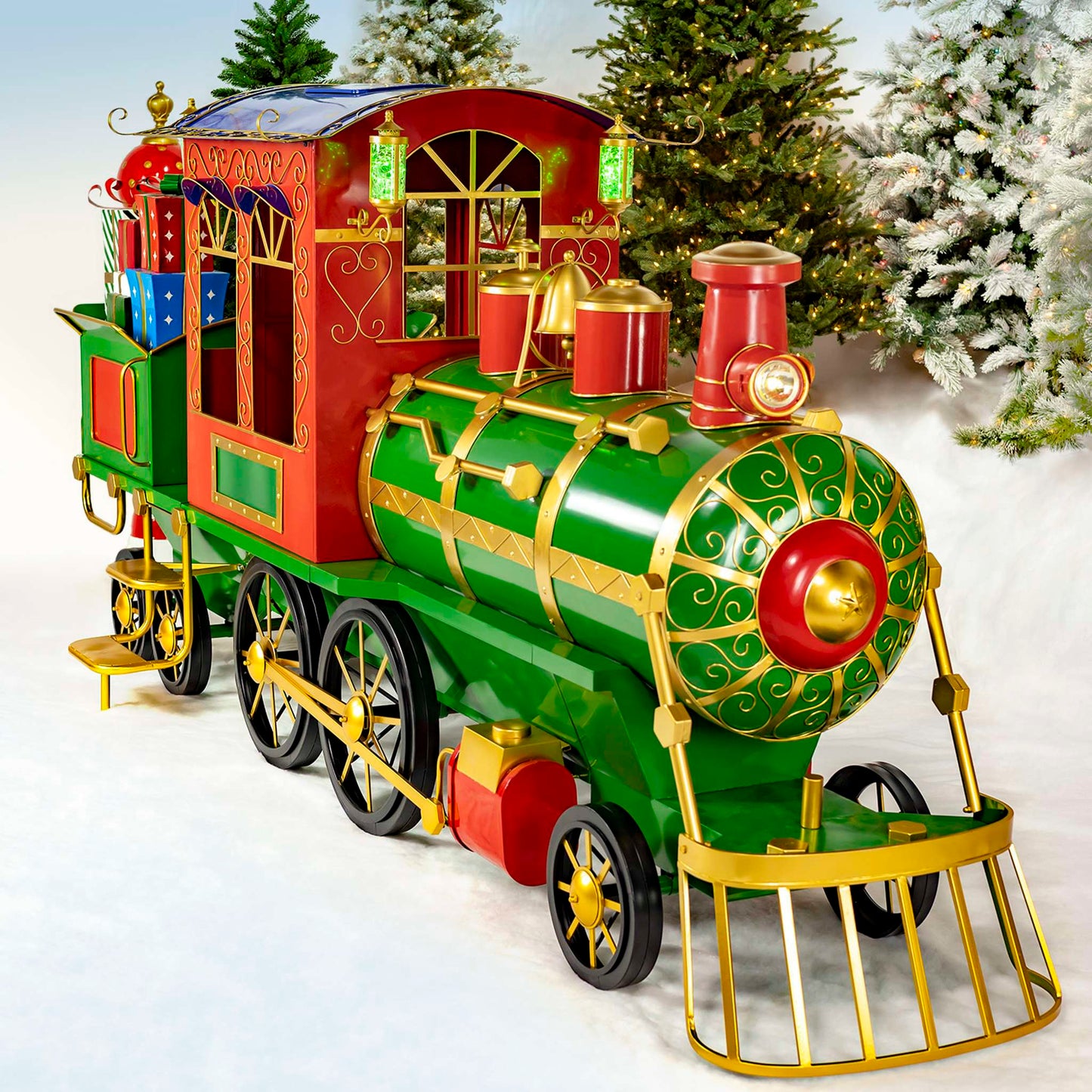 Christmas 12.5ft. Large Iron Christmas Train with Cart & Lanterns "The North Pole Express"