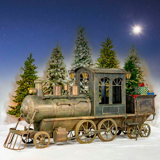 Christmas 16 ft. Long X-Large Antique Bronze Iron Train with Cart and Lanterns "The Flying Santa"