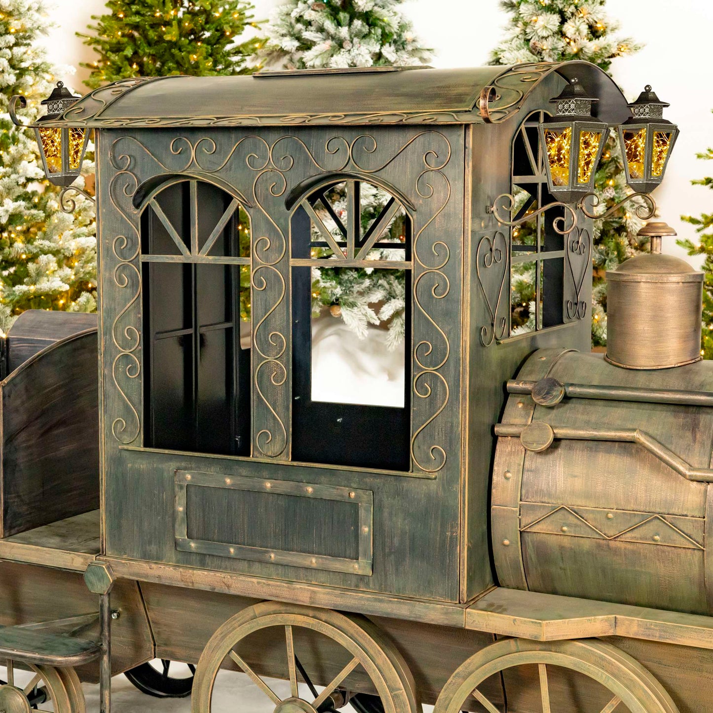 Christmas 16 ft. Long X-Large Antique Bronze Iron Train with Cart and Lanterns "The Flying Santa"