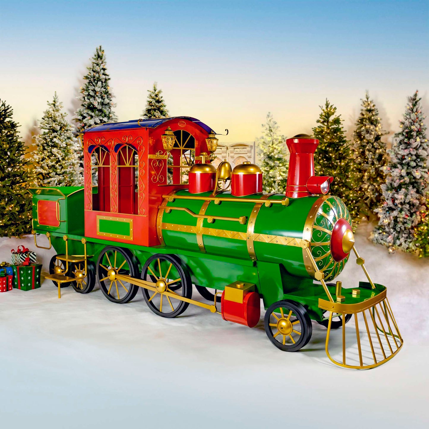 Christmas 16 ft. Long X-Large Iron Christmas Train with Cart and Lanterns "The Flying Santa"