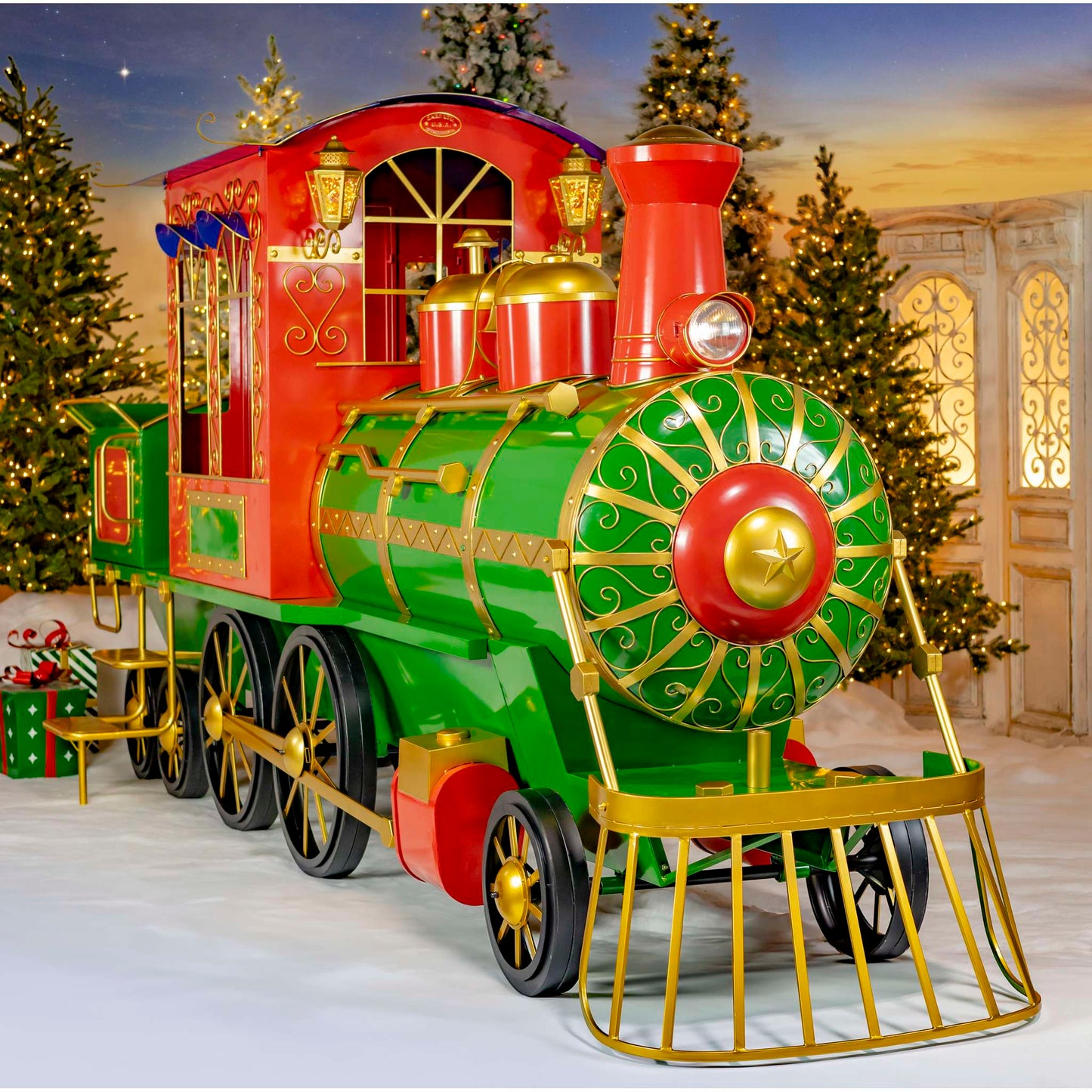 Christmas 16 ft. Long X-Large Iron Christmas Train with Cart and Lanterns "The Flying Santa"