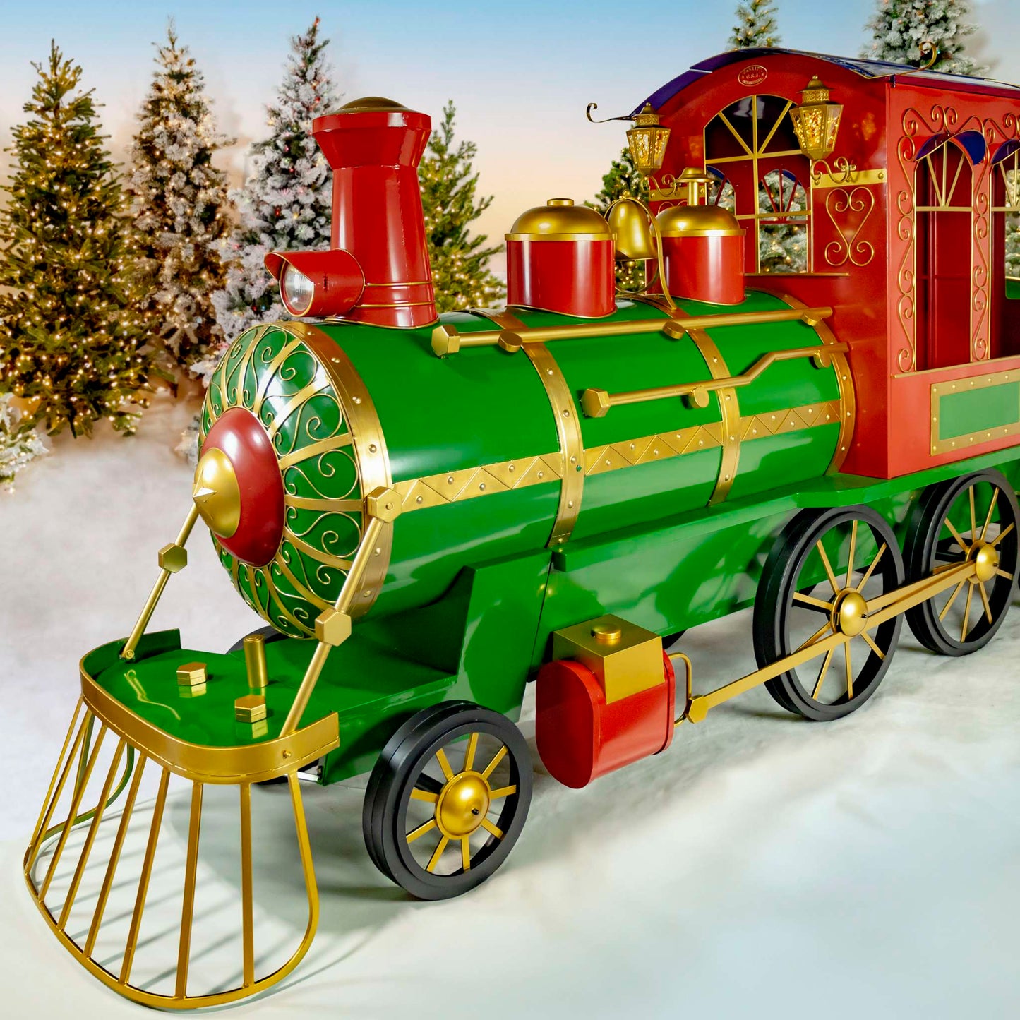 Christmas 16 ft. Long X-Large Iron Christmas Train with Cart and Lanterns "The Flying Santa"