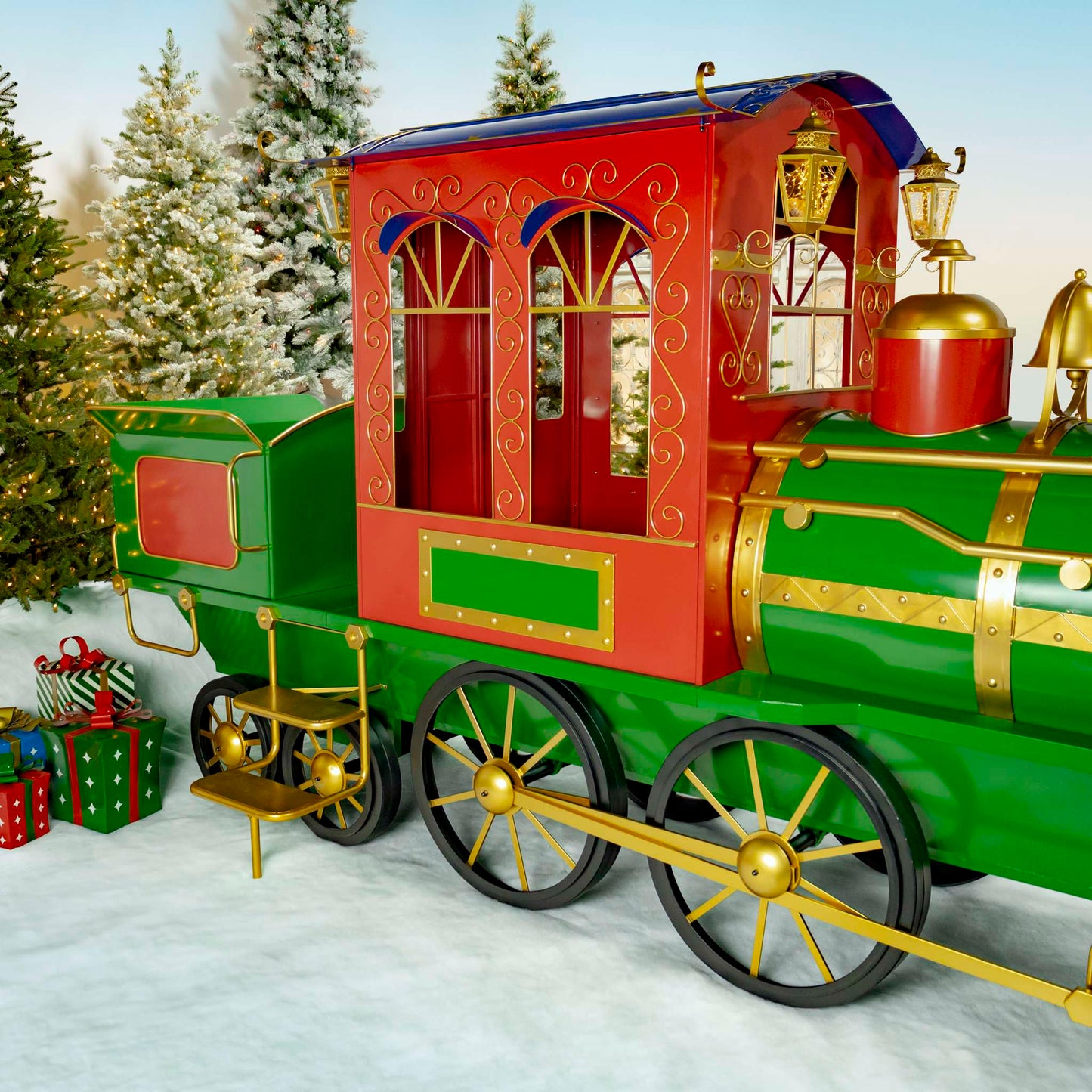 Christmas 16 ft. Long X-Large Iron Christmas Train with Cart and Lanterns "The Flying Santa"