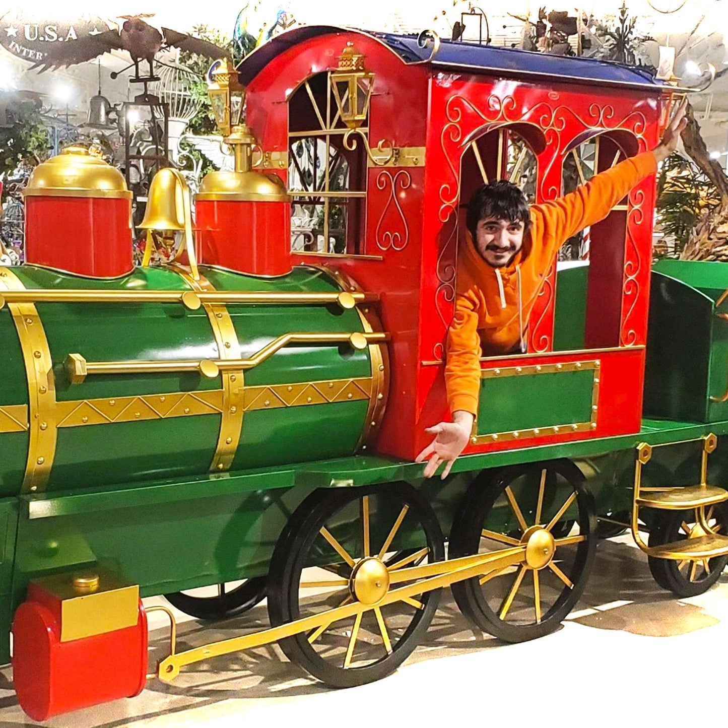 Christmas 16 ft. Long X-Large Iron Christmas Train with Cart and Lanterns "The Flying Santa"