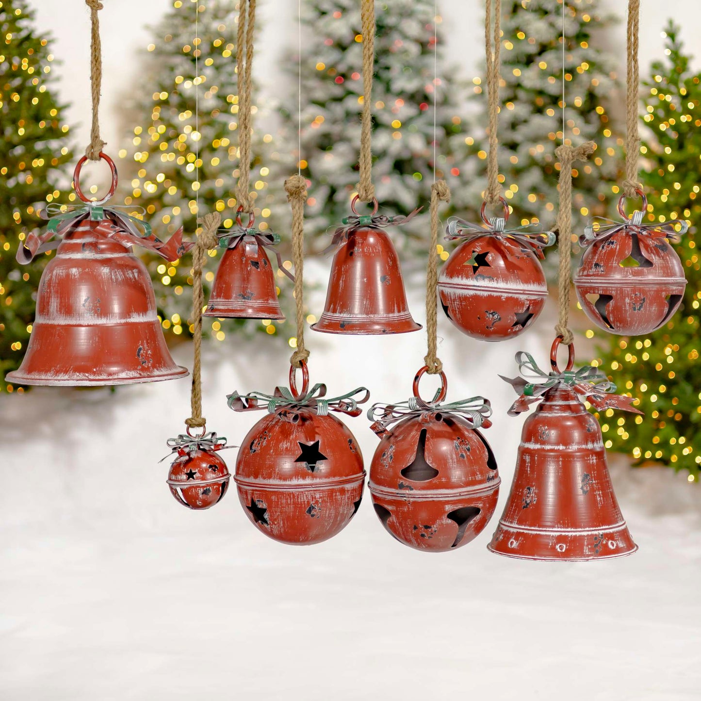 Christmas Set of 9 Assorted Antique Red Oversized Hanging Metal Christmas Bells