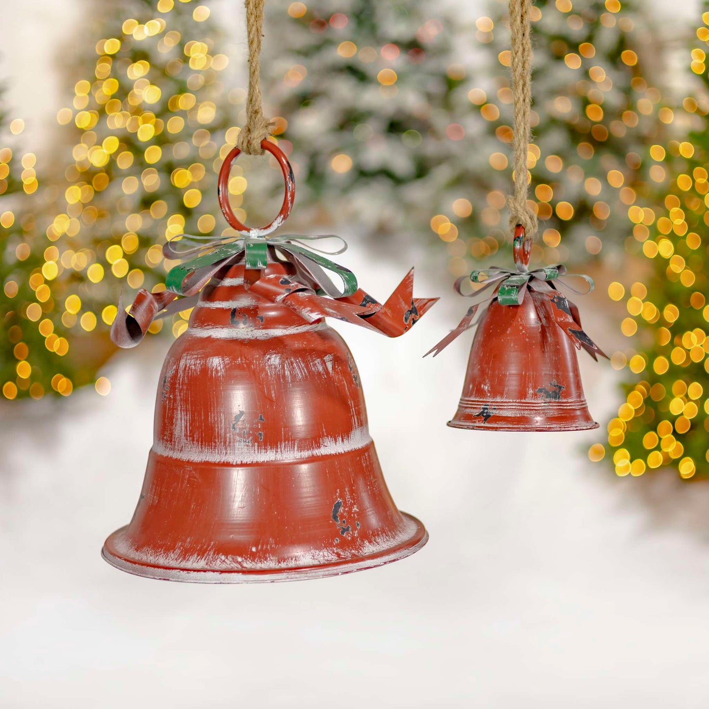 Christmas Set of 9 Assorted Antique Red Oversized Hanging Metal Christmas Bells