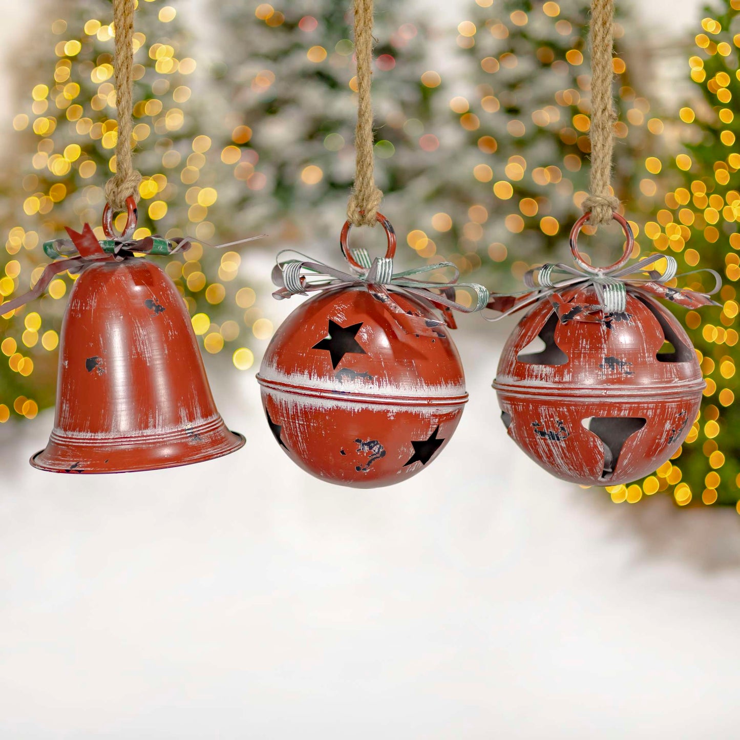 Christmas Set of 9 Assorted Antique Red Oversized Hanging Metal Christmas Bells