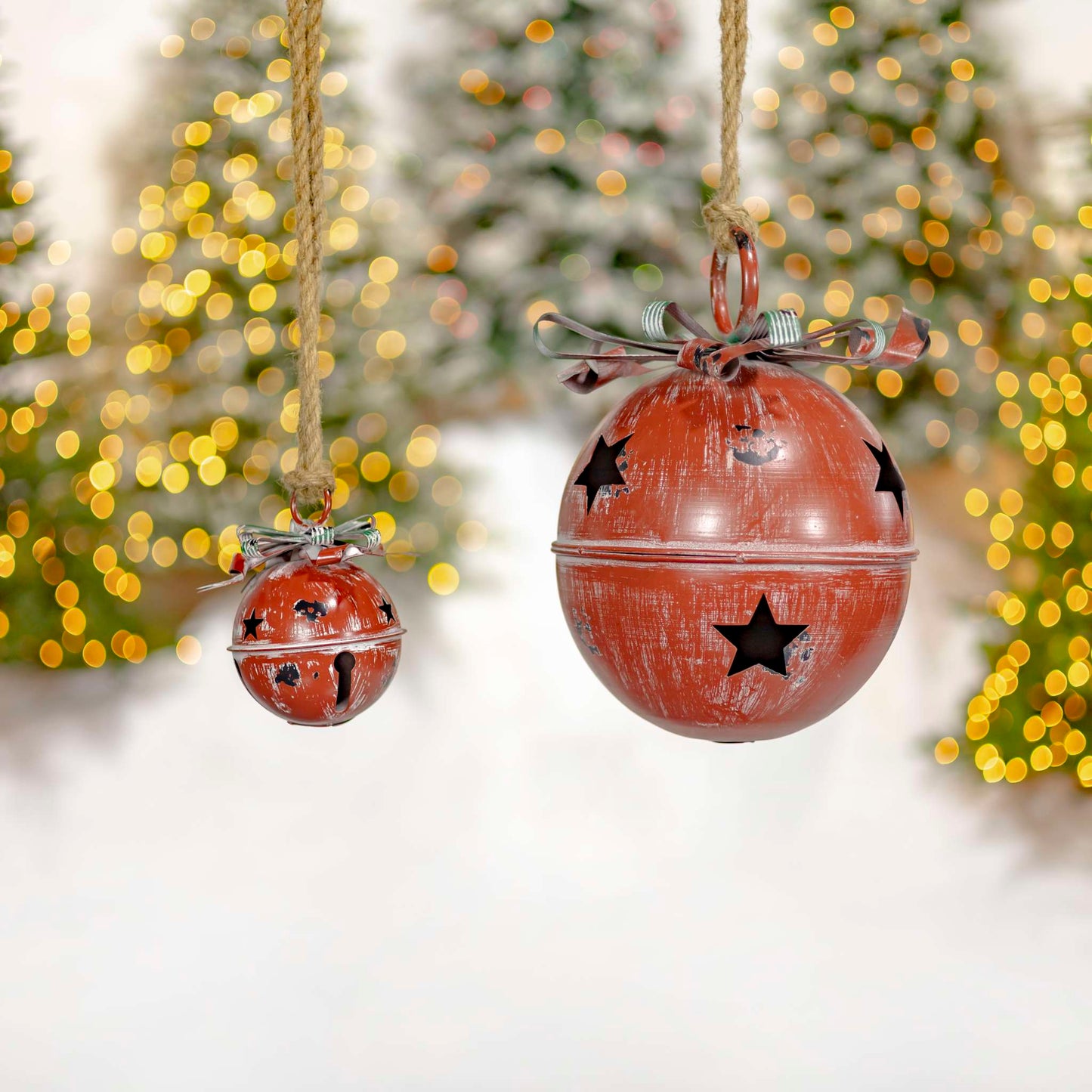 Christmas Set of 9 Assorted Antique Red Oversized Hanging Metal Christmas Bells