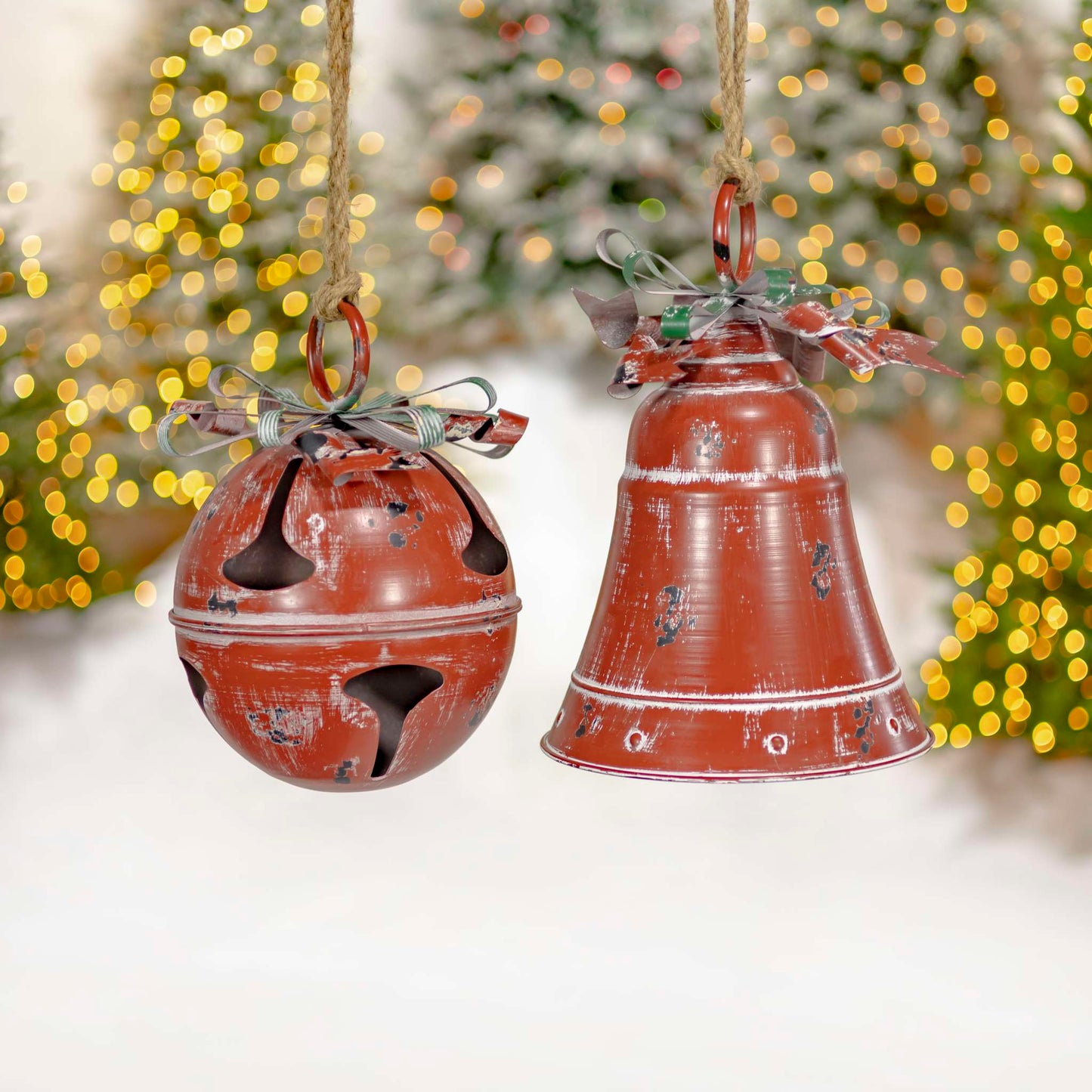 Christmas Set of 9 Assorted Antique Red Oversized Hanging Metal Christmas Bells