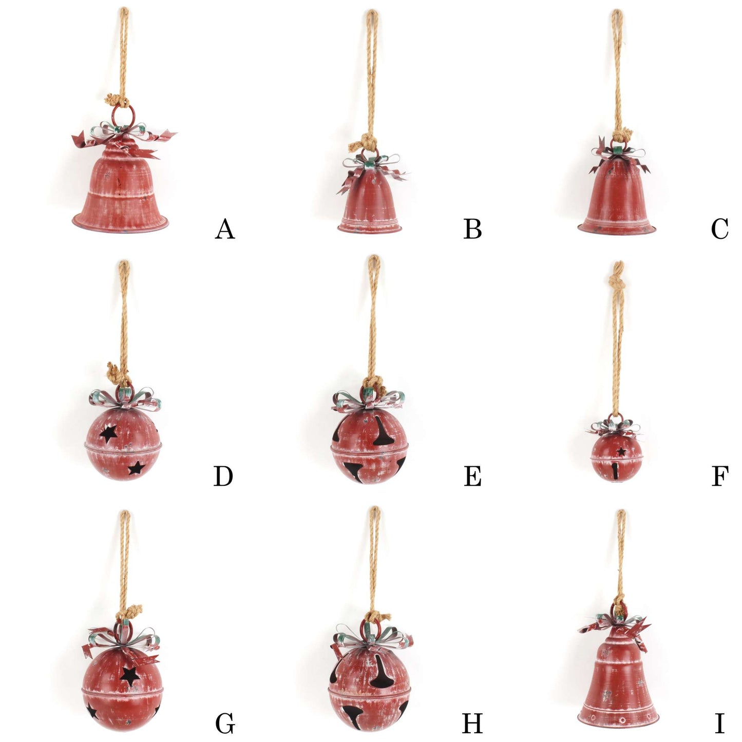 Christmas Set of 9 Assorted Antique Red Oversized Hanging Metal Christmas Bells