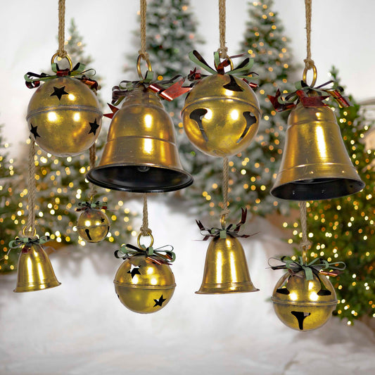 Christmas Set of 9 Assorted Antique Gold Oversized Hanging Metal Christmas Bells