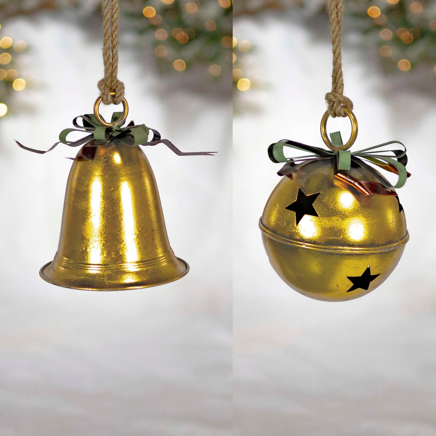 Christmas Set of 9 Assorted Antique Gold Oversized Hanging Metal Christmas Bells