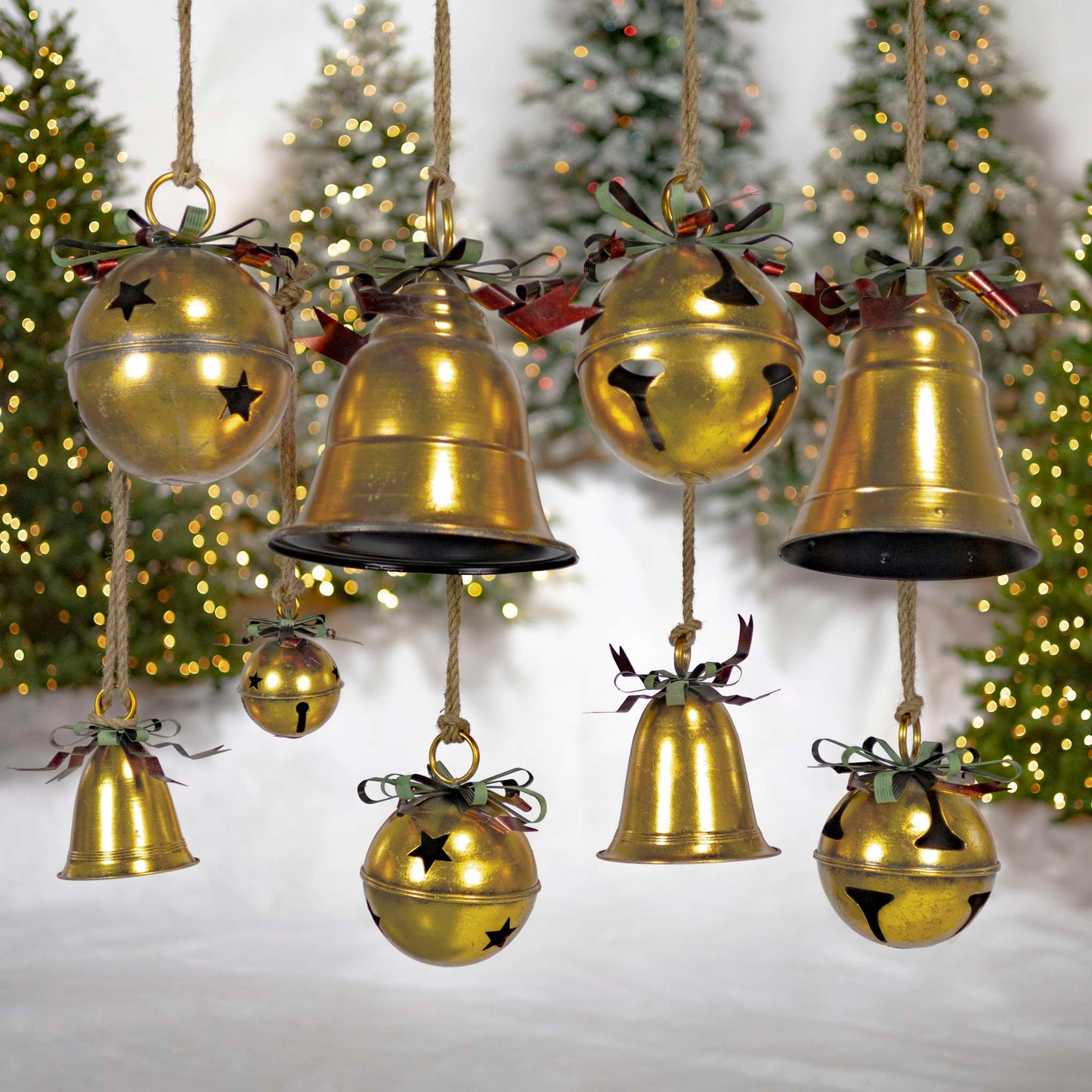 Christmas Set of 9 Assorted Antique Gold Oversized Hanging Metal Christmas Bells