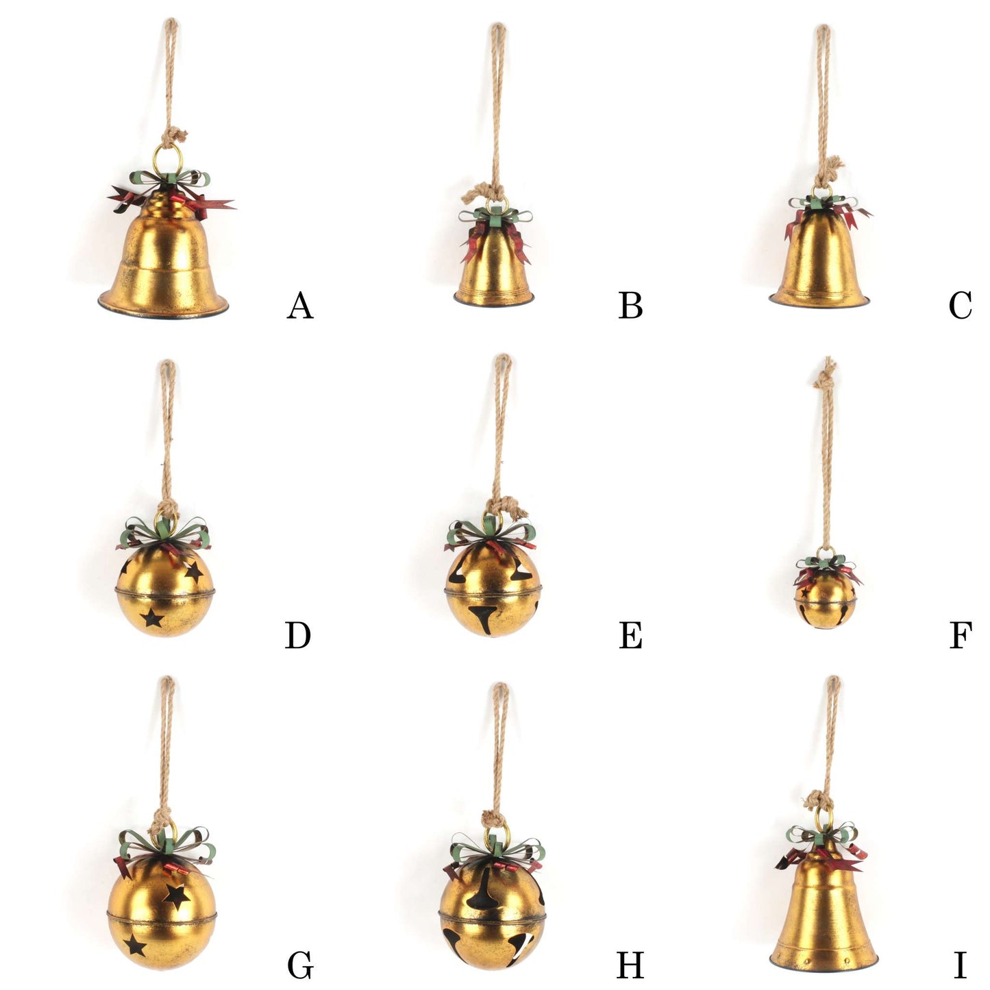 Christmas Set of 9 Assorted Antique Gold Oversized Hanging Metal Christmas Bells