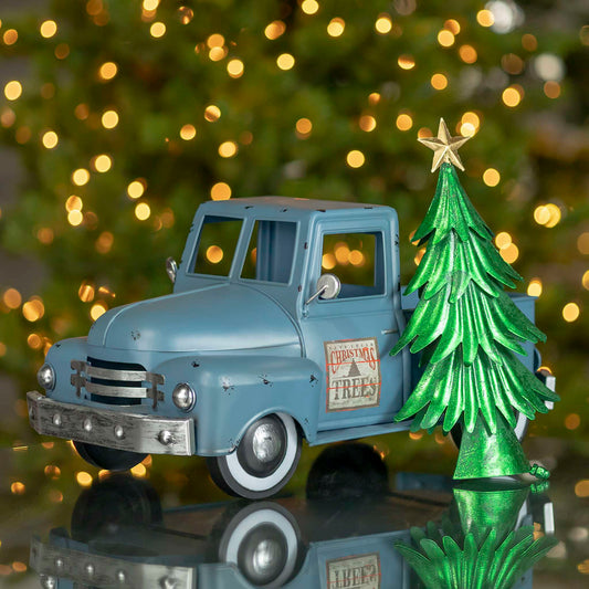 Christmas Iron Christmas Old Style Truck with Tree in Antique Blue