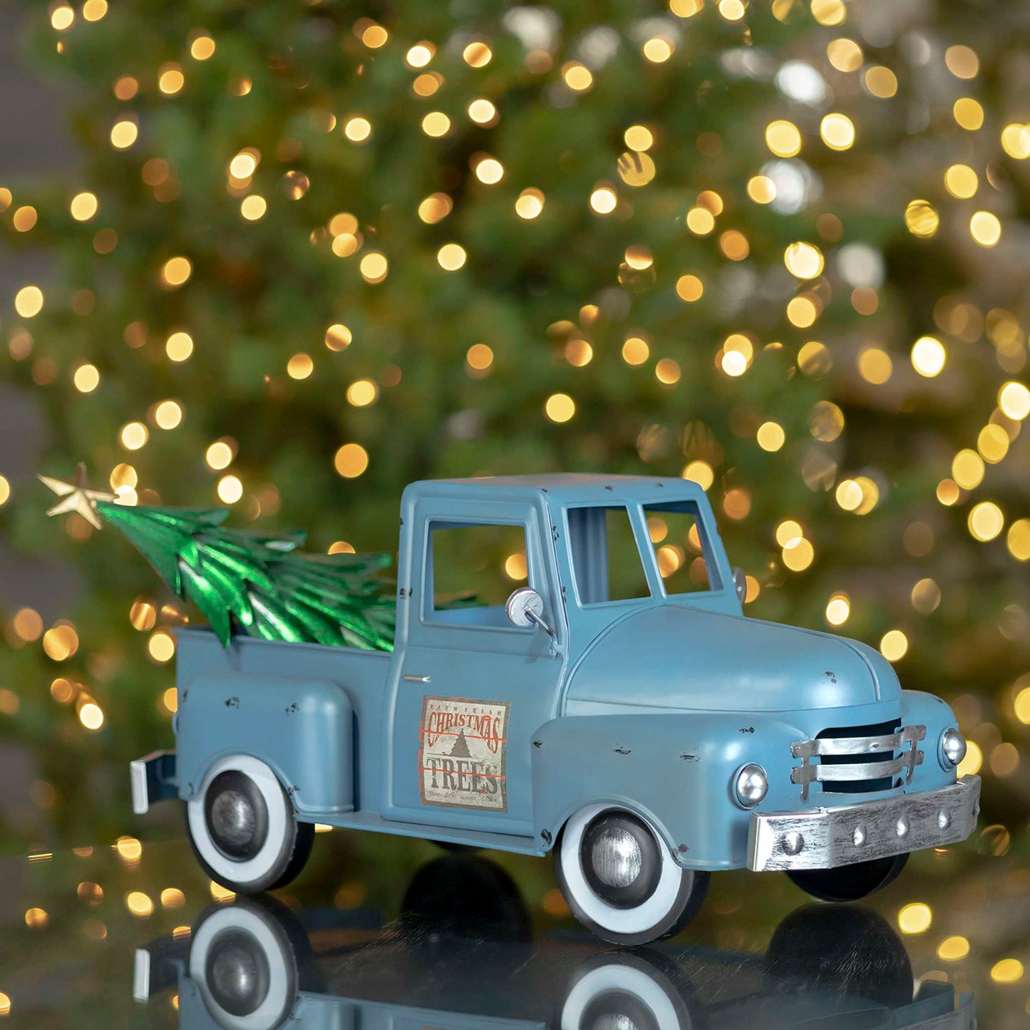 Christmas Iron Christmas Old Style Truck with Tree in Antique Blue