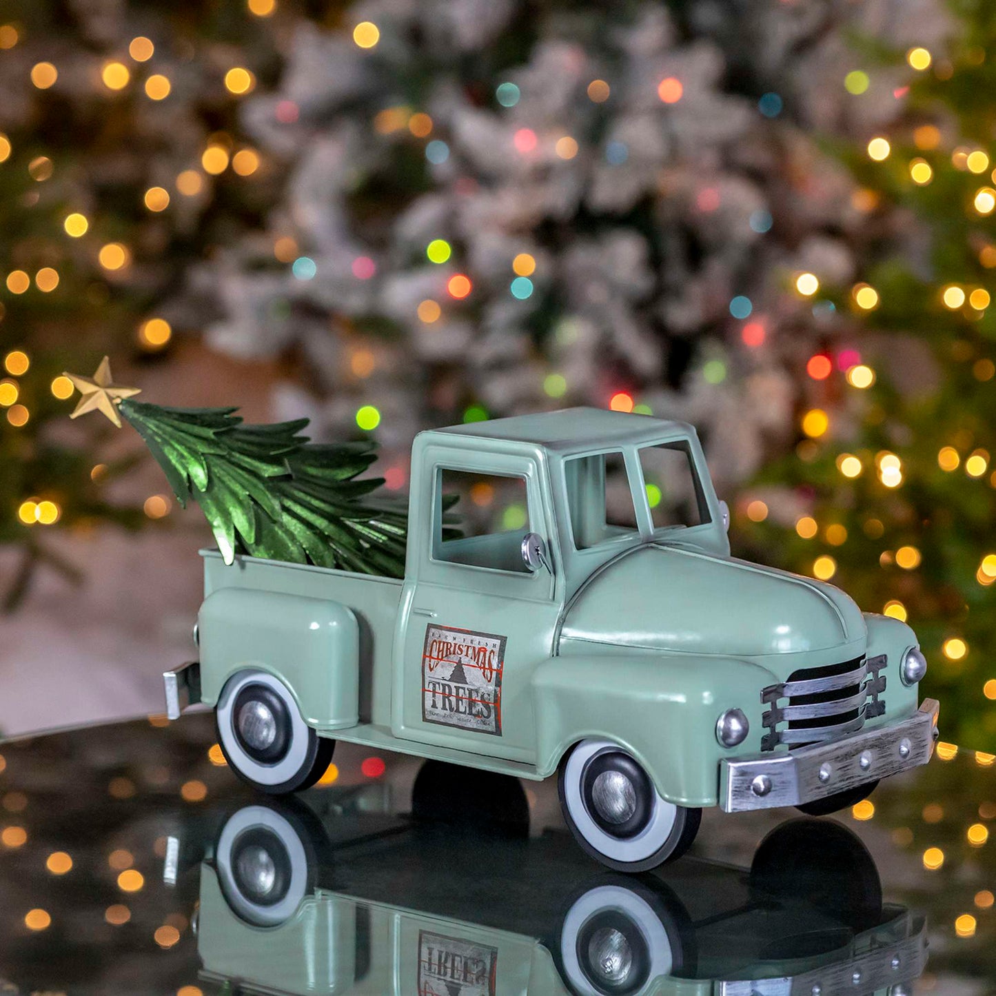 Christmas Iron Christmas Old Style Truck with Tree in Soft Green