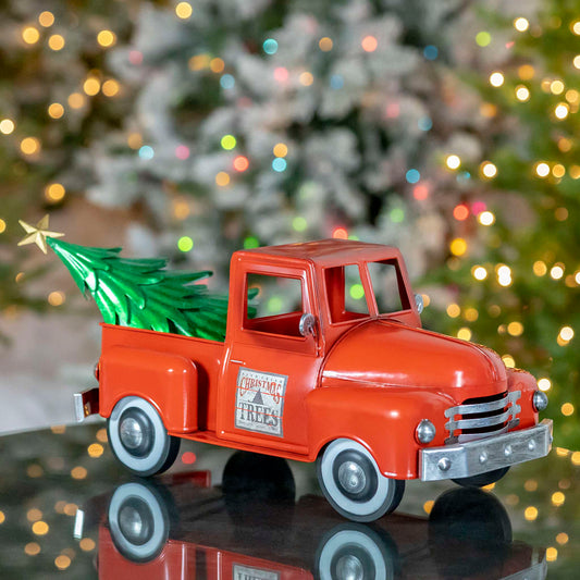 Christmas Iron Christmas Old Style Truck with Tree in Glossy Red