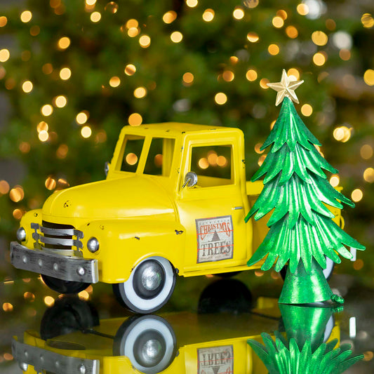 Christmas Iron Christmas Old Style Truck with Tree in Antique Yellow