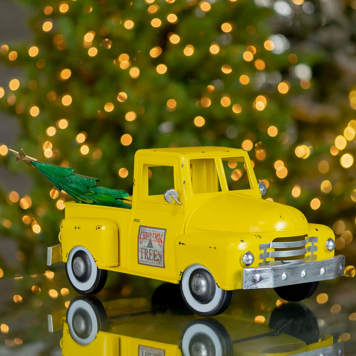 Christmas Iron Christmas Old Style Truck with Tree in Antique Yellow