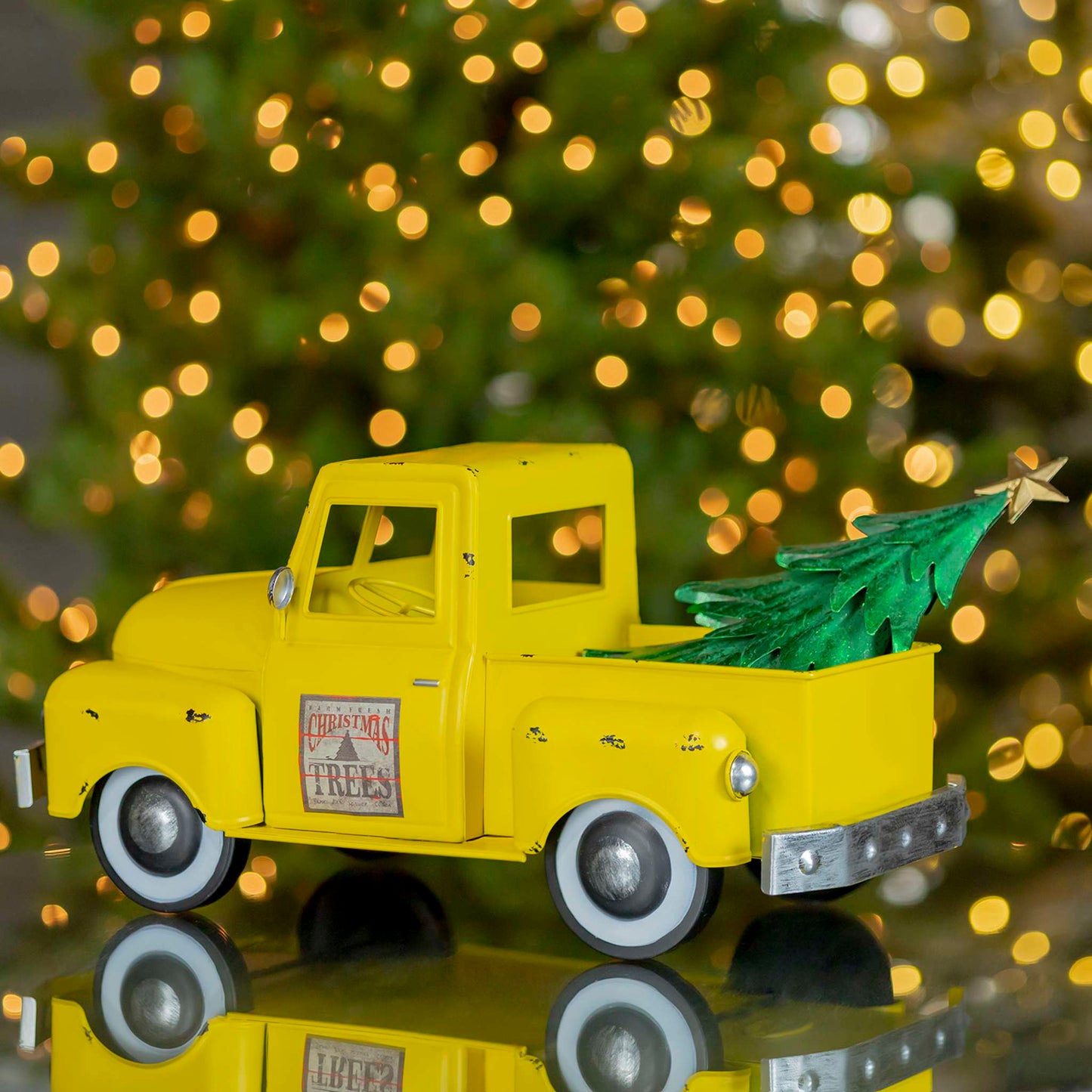 Christmas Iron Christmas Old Style Truck with Tree in Antique Yellow