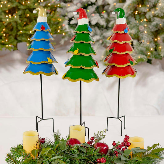 Christmas Set of 3 Assorted Colorful Santa Hat Wearing Christmas Tree Yard Stakes