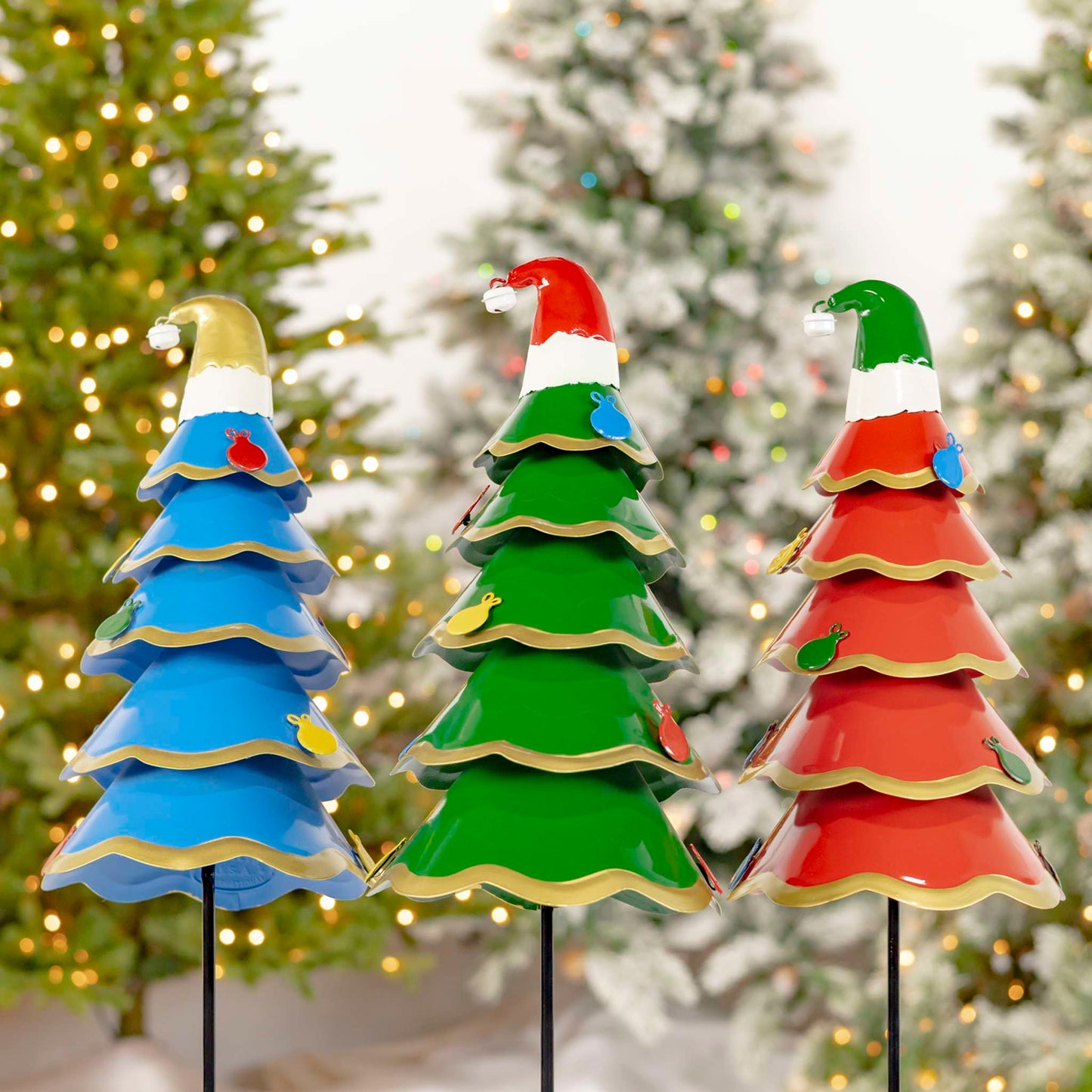 Christmas Set of 3 Assorted Colorful Santa Hat Wearing Christmas Tree Yard Stakes