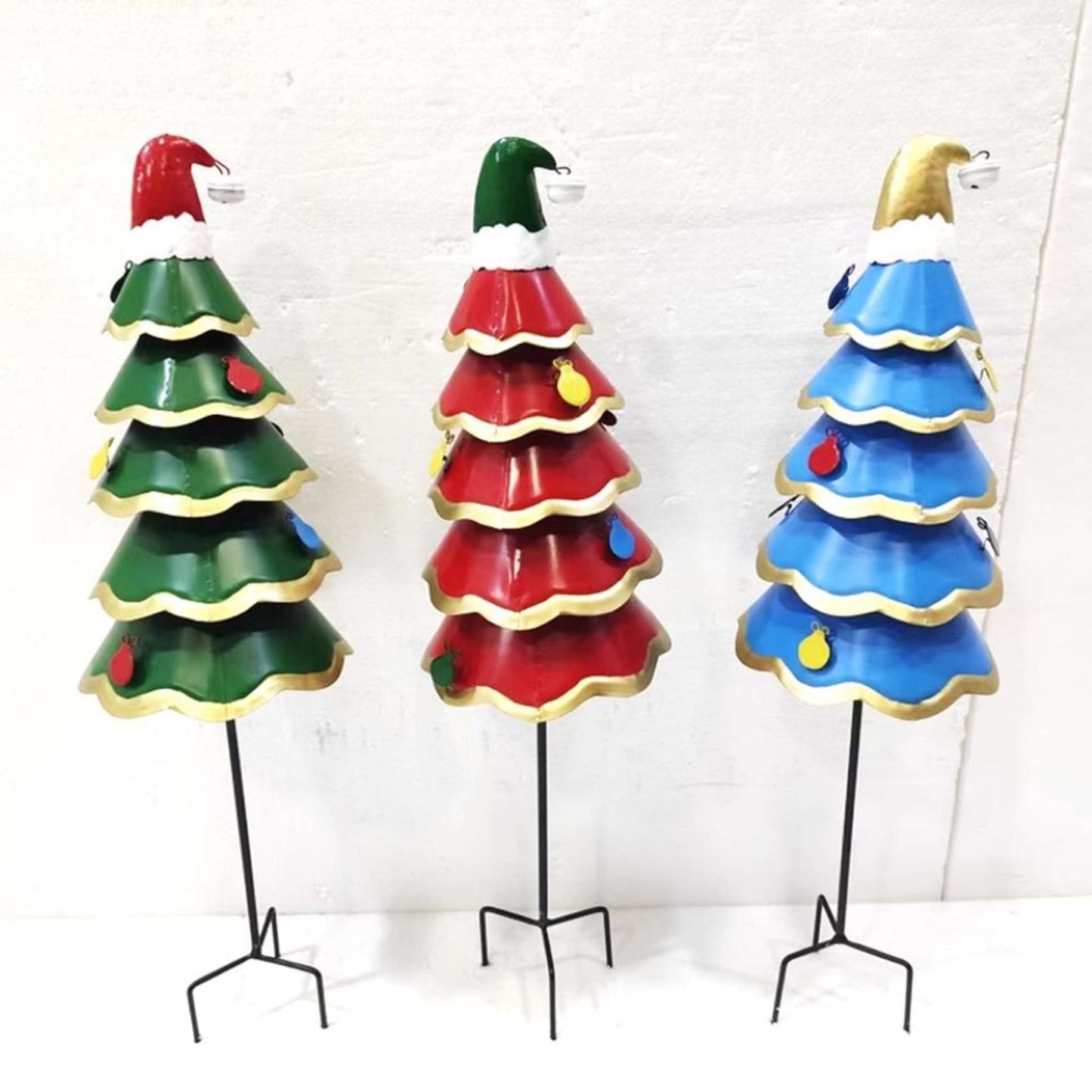 Christmas Set of 3 Assorted Colorful Santa Hat Wearing Christmas Tree Yard Stakes