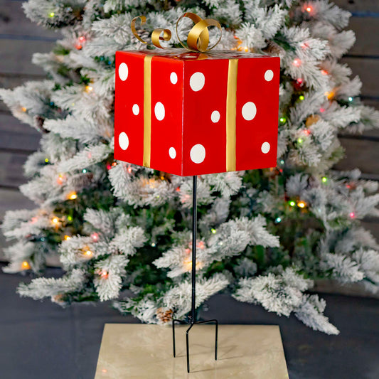 Christmas 32.5" Tall Red & White Polka Dot Gift Box with Gold Bow Iron Christmas Stake