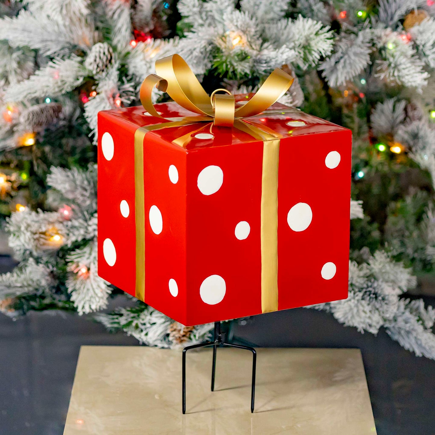 Christmas 32.5" Tall Red & White Polka Dot Gift Box with Gold Bow Iron Christmas Stake