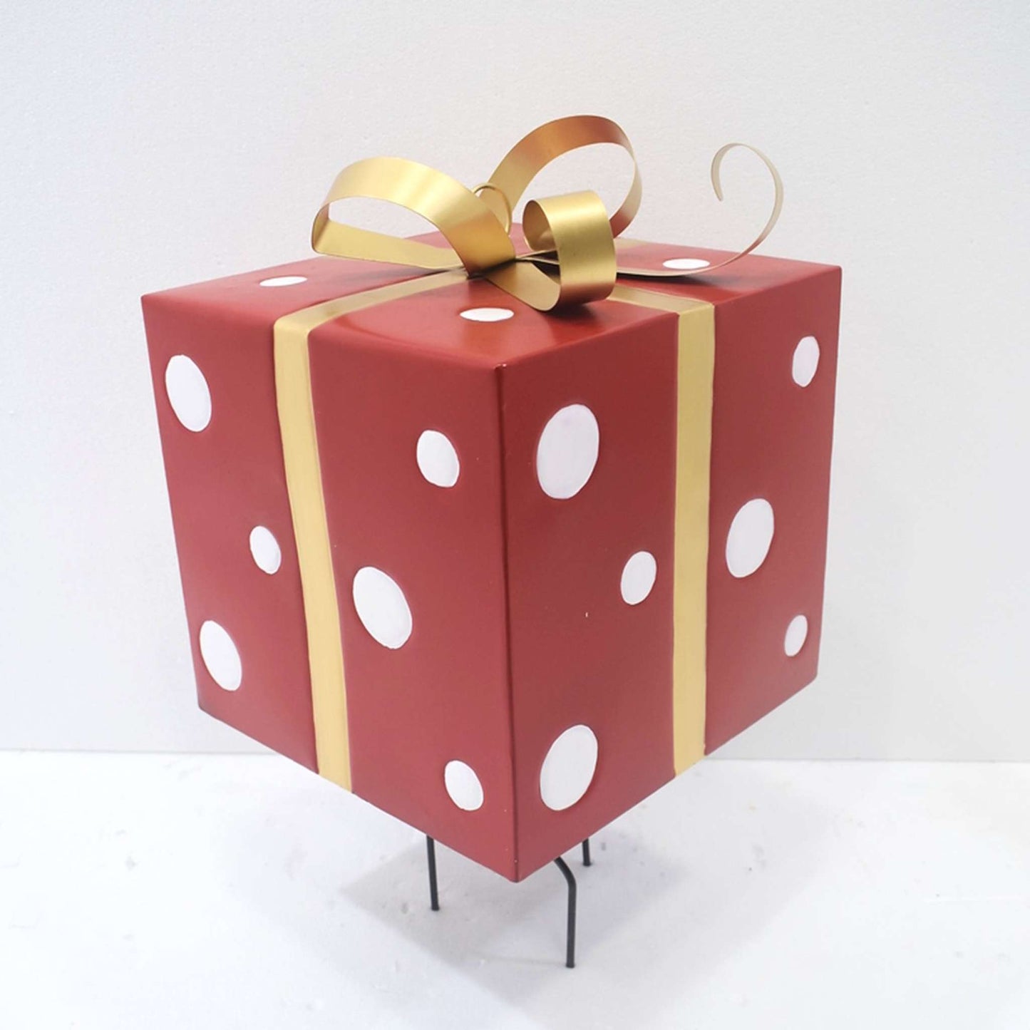 Christmas 32.5" Tall Red & White Polka Dot Gift Box with Gold Bow Iron Christmas Stake