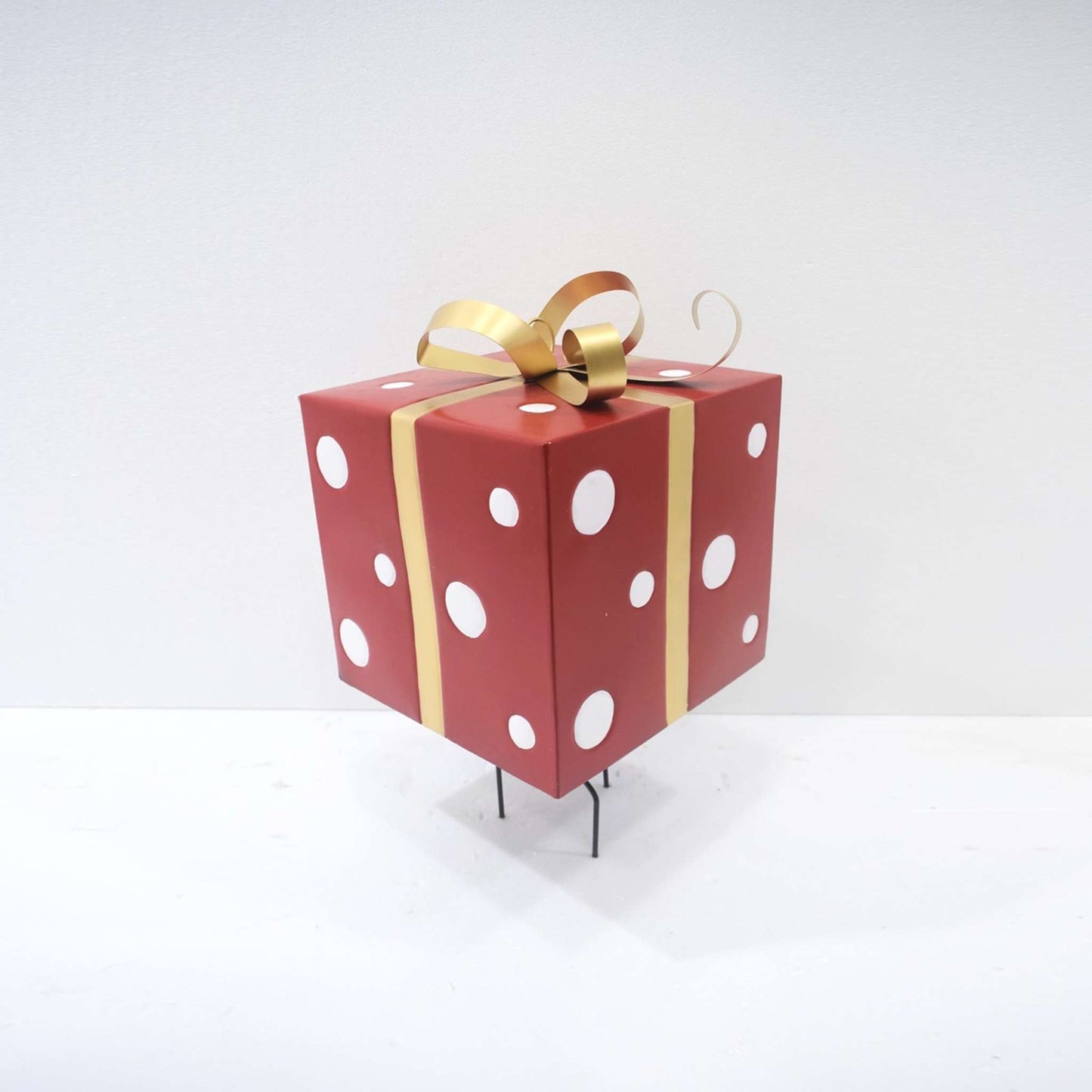 Christmas 32.5" Tall Red & White Polka Dot Gift Box with Gold Bow Iron Christmas Stake