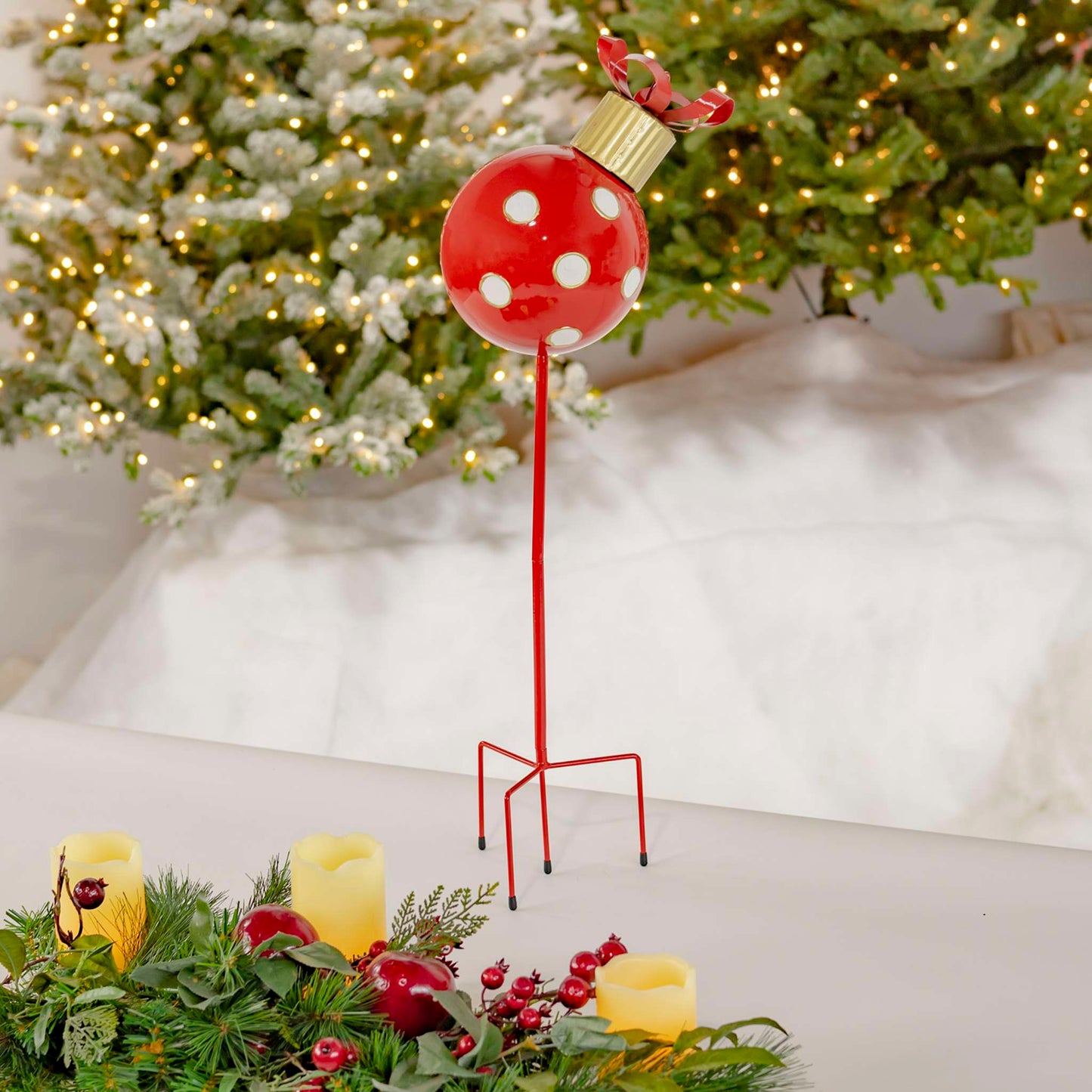 Christmas 26" Tall Red & White Polka Dot Christmas Ball Ornament Metal Garden Stake