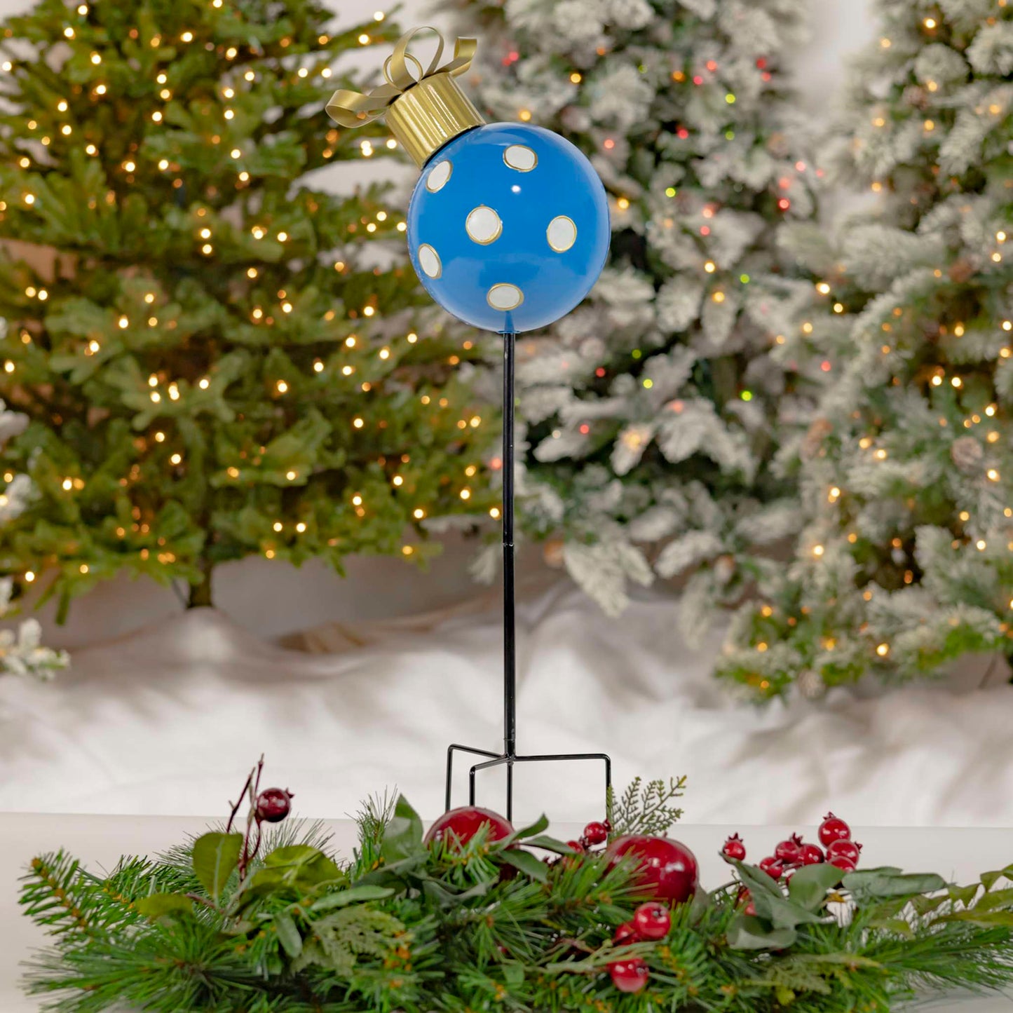 Christmas 26" Tall Blue & White Polka Dot Christmas Ball Ornament Metal Garden Stake