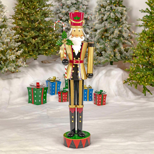 Christmas 65.35" Tall Iron Nutcracker in Gold with Candy Cane & LED Lights "Kane"