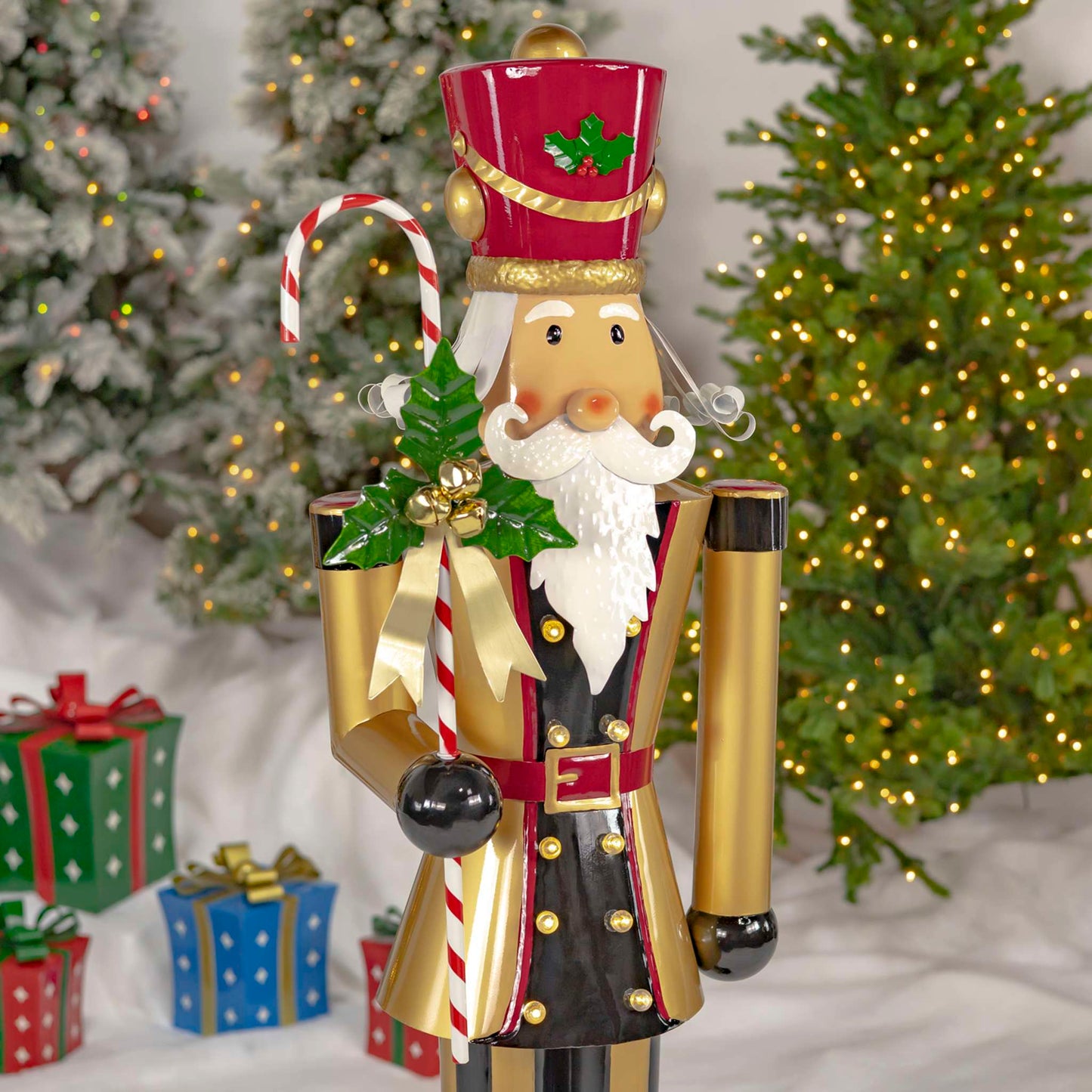 Christmas 65.35" Tall Iron Nutcracker in Gold with Candy Cane & LED Lights "Kane"