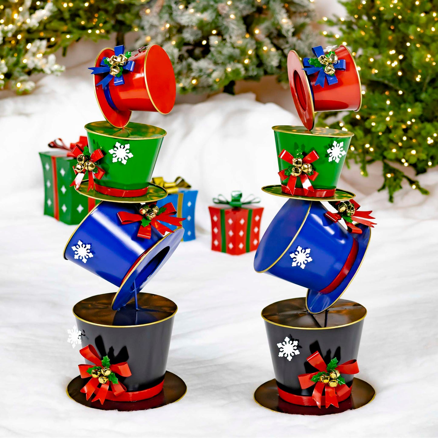 Christmas 40" Tall Iron Tower of Top Hats Holiday Display "The Frosty" (Blue)