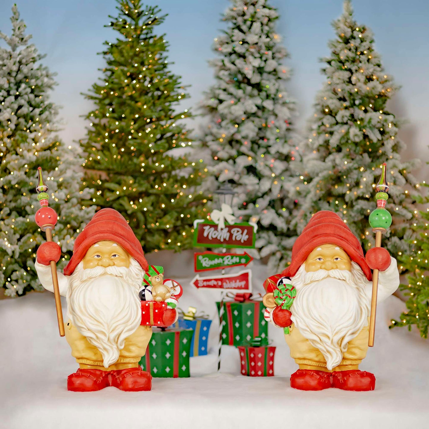 Christmas Set of Two 27.5" Tall Santa Gnome Statue Holding Gifts and Staffs "Nick & Kris"