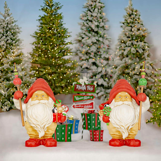 Christmas Set of Two 27.5" Tall Santa Gnome Statue Holding Gifts and Staffs "Nick & Kris"