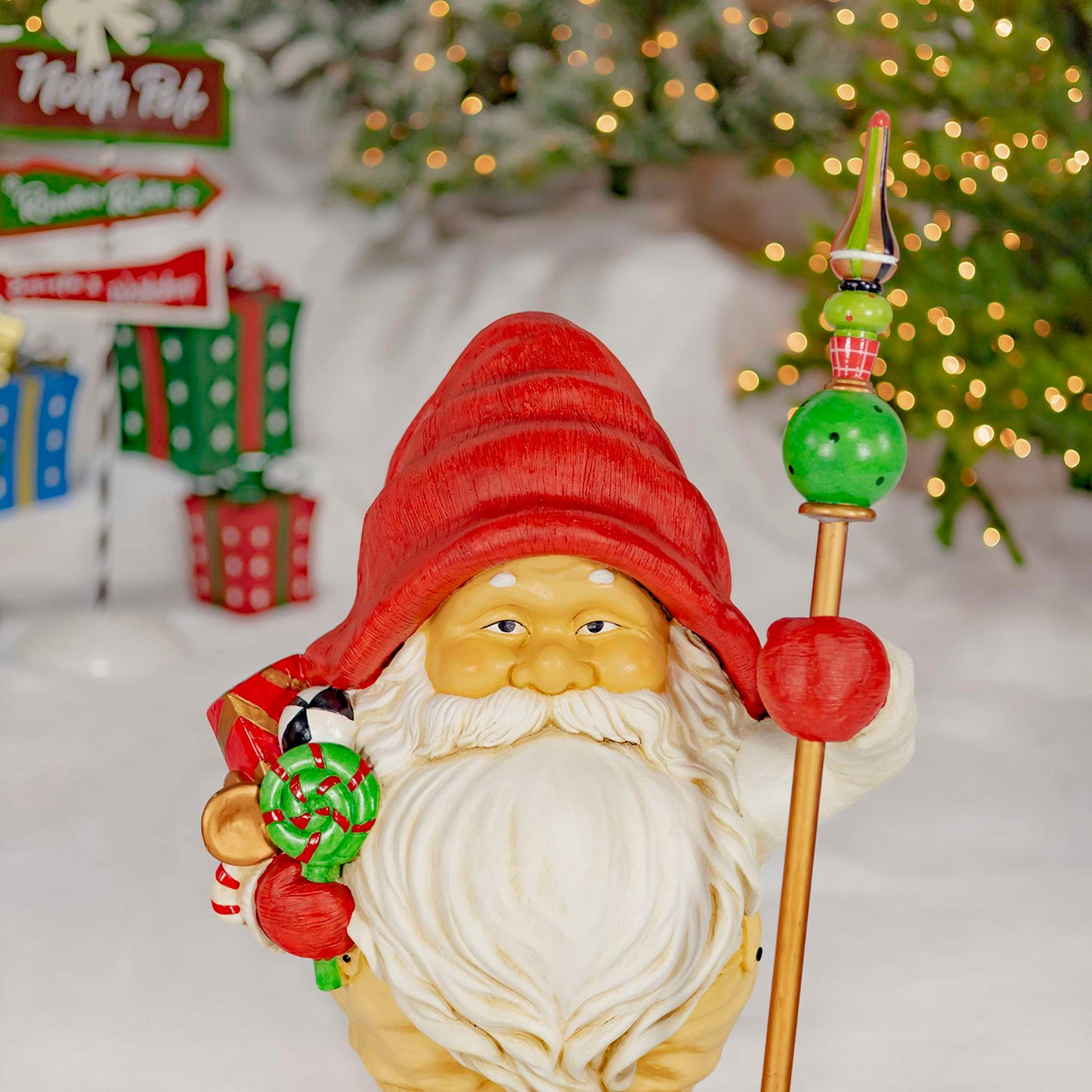 Christmas Set of Two 27.5" Tall Santa Gnome Statue Holding Gifts and Staffs "Nick & Kris"