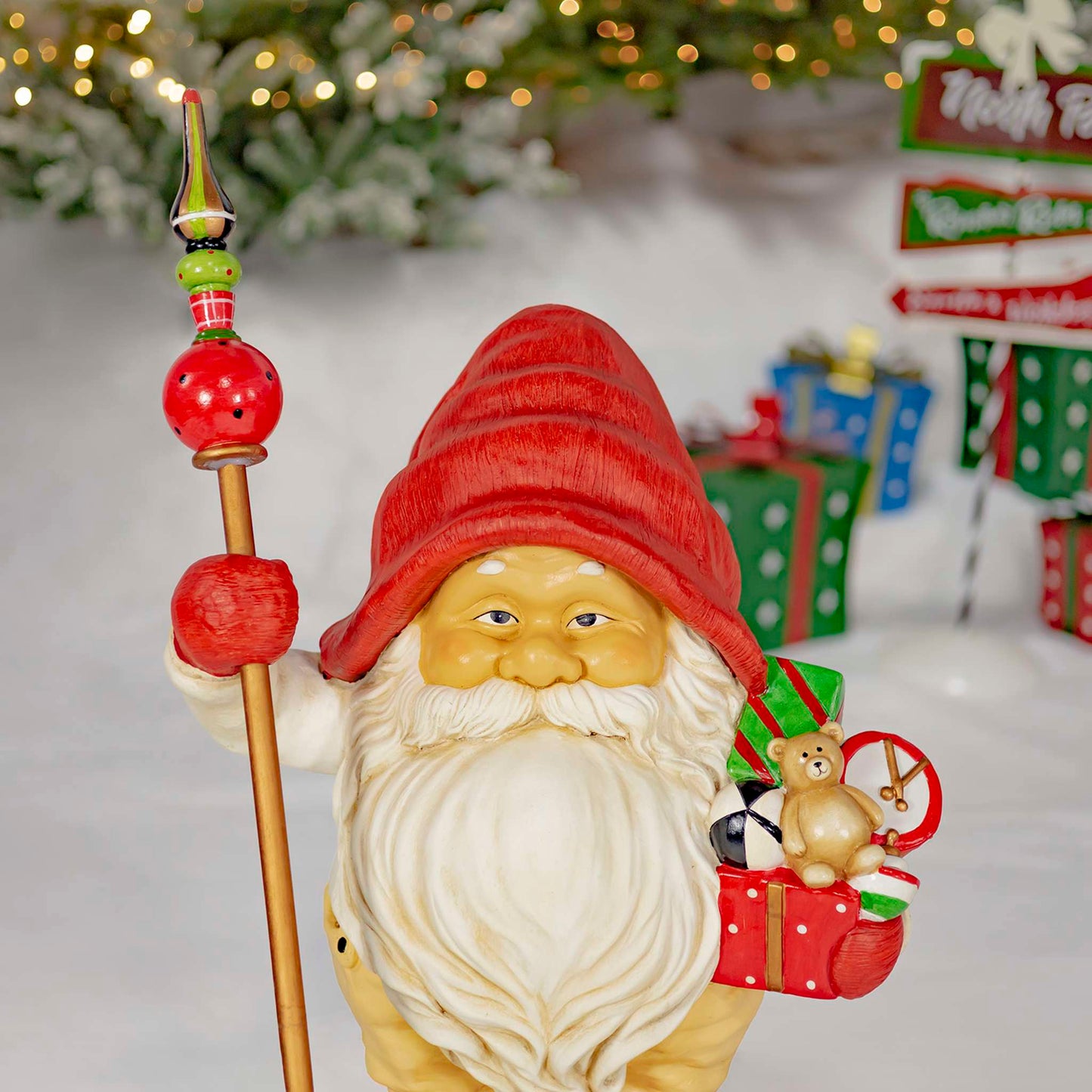 Christmas Set of Two 27.5" Tall Santa Gnome Statue Holding Gifts and Staffs "Nick & Kris"