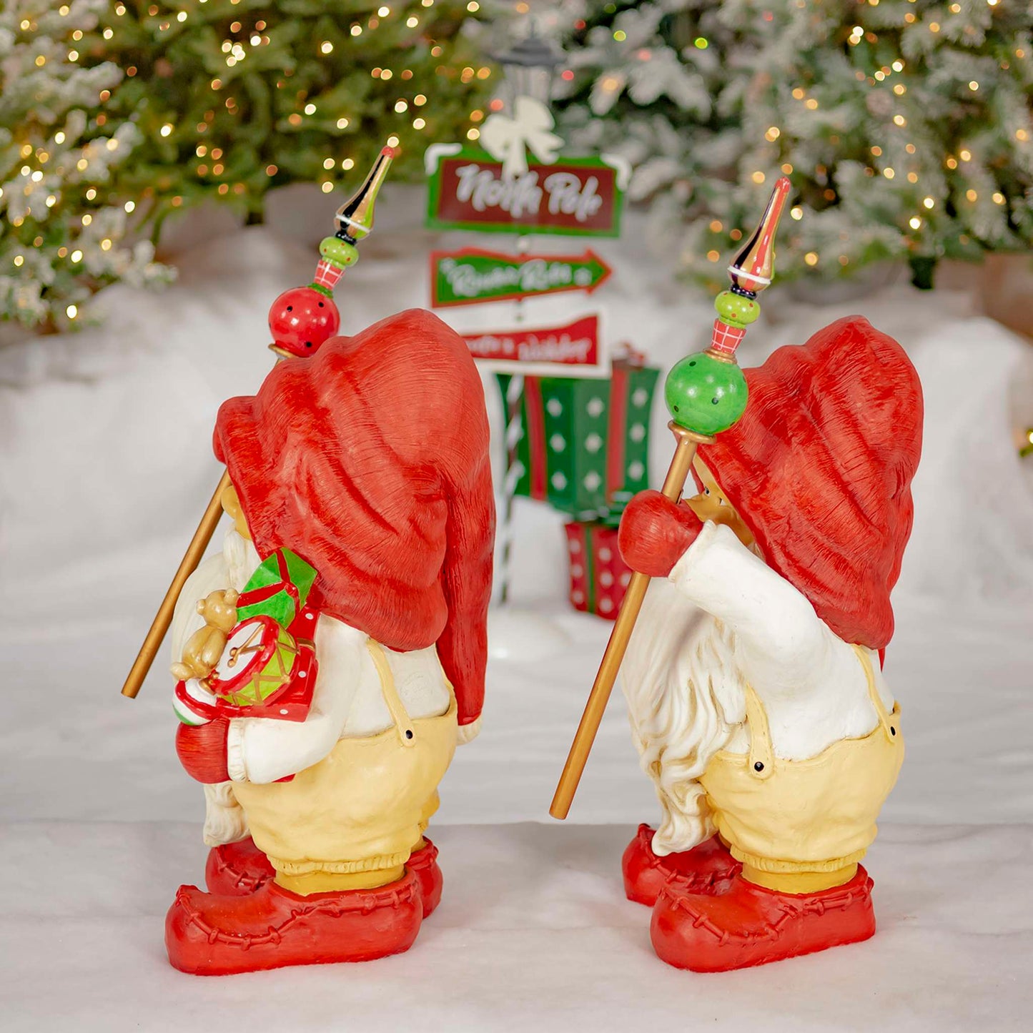 Christmas Set of Two 27.5" Tall Santa Gnome Statue Holding Gifts and Staffs "Nick & Kris"