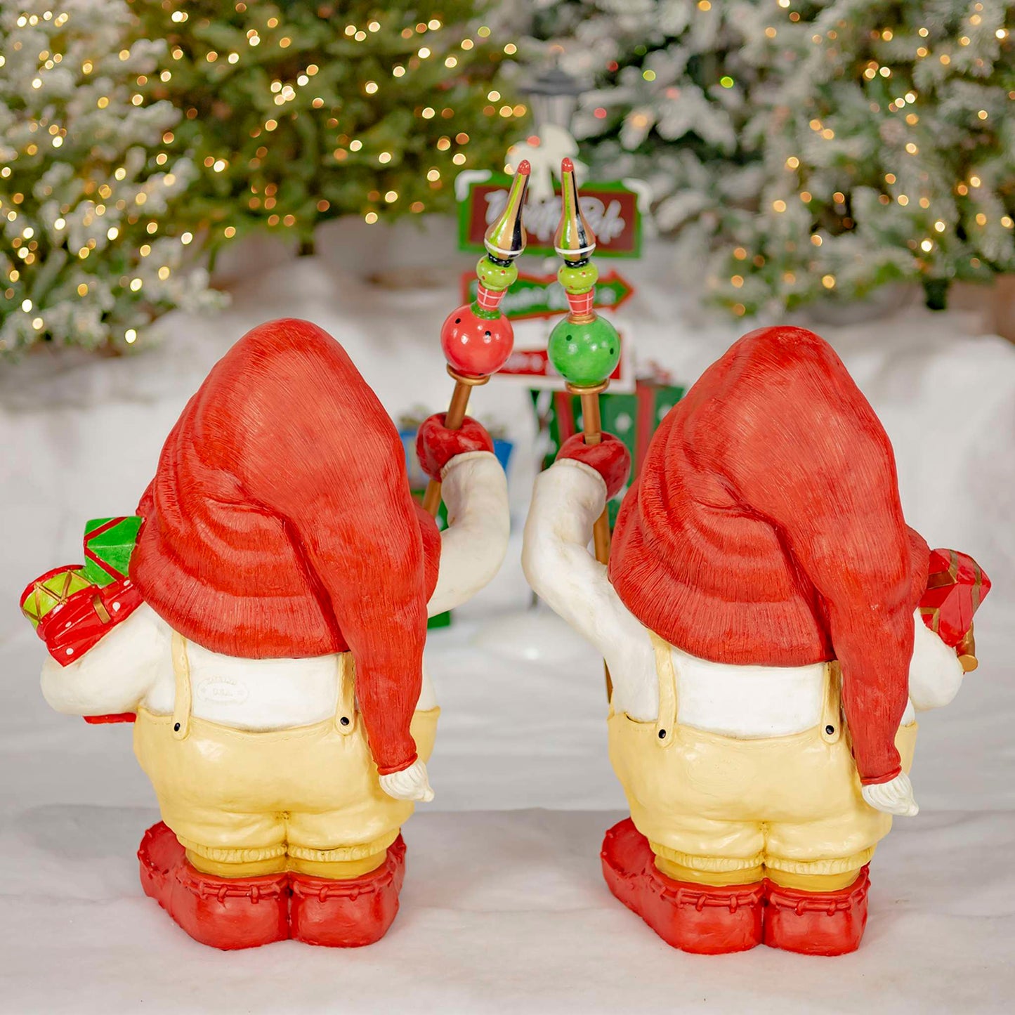 Christmas Set of Two 27.5" Tall Santa Gnome Statue Holding Gifts and Staffs "Nick & Kris"