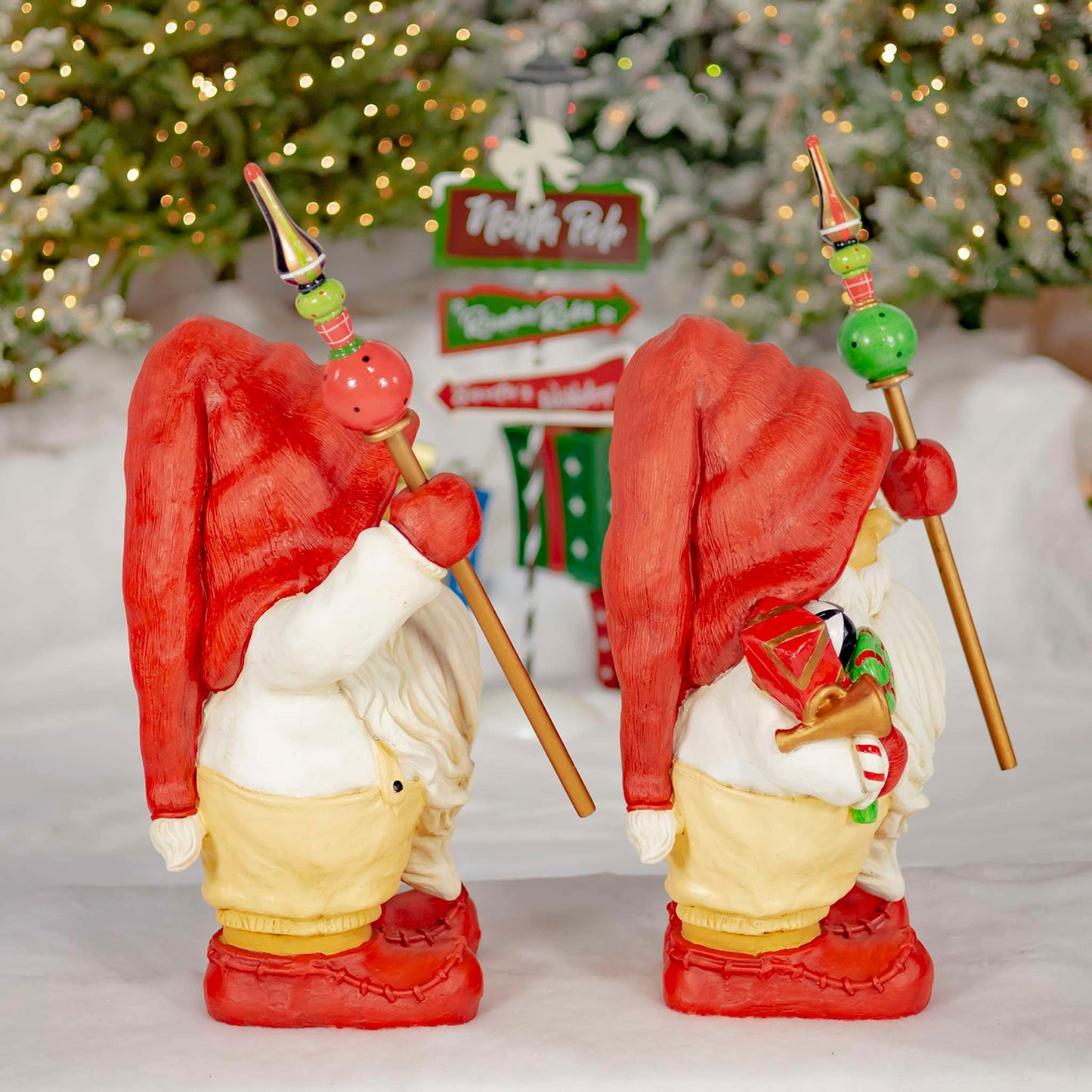 Christmas Set of Two 27.5" Tall Santa Gnome Statue Holding Gifts and Staffs "Nick & Kris"