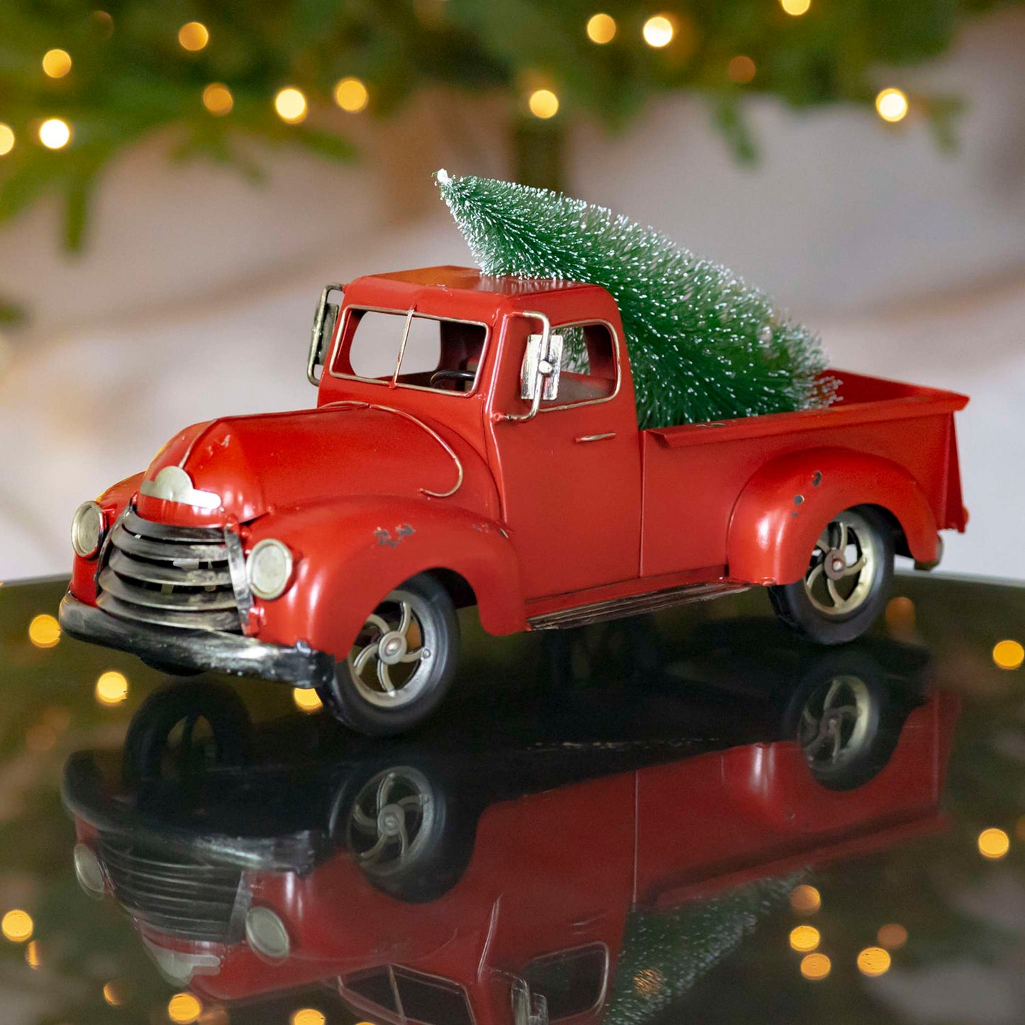 Christmas 15" Distressed Red Iron Pickup Truck with Christmas Tree